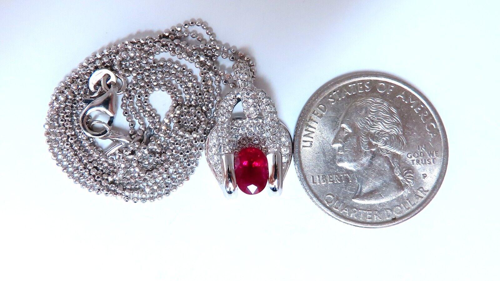 GIA Certified Burma Ruby Necklace

Report # 6224348801 (to accompany)

6.95 x 4.75 x 3.44mm

(Approx 1ct)

Red, Heated (Moderate)



1.00ct. Natural round diamonds.

G color Vs-2 clarity

18Kt white gold / 9.2 grams.

Pendant Overall: .75 X .50
