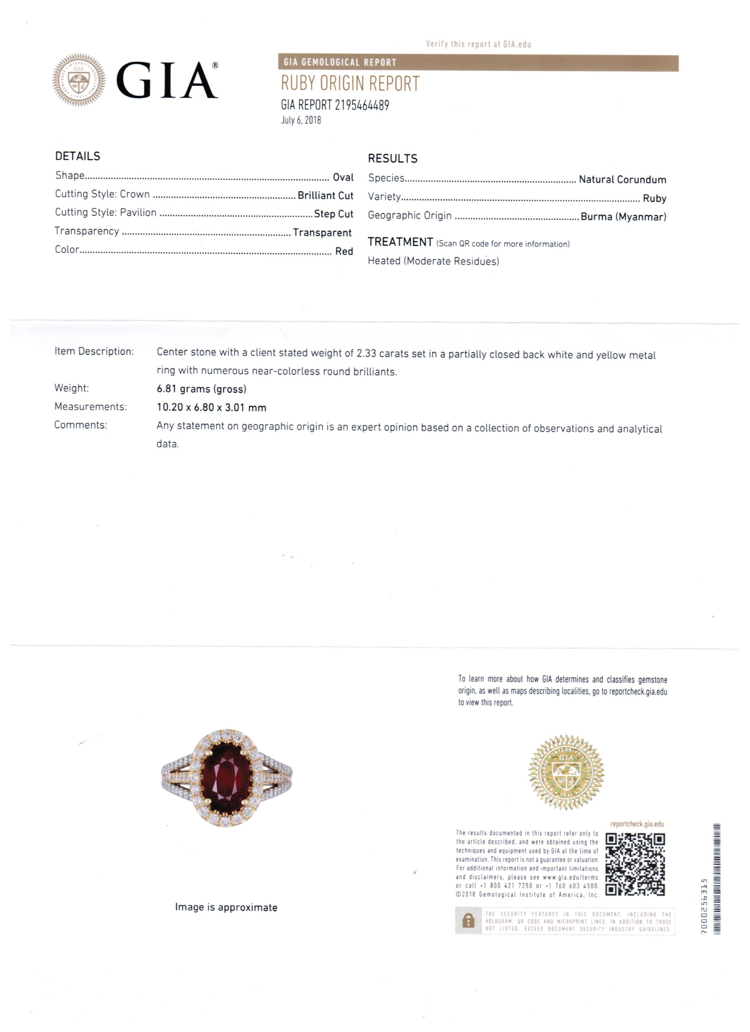 GIA Certified Burma Ruby Oval 2.33 Carat Diamond Halo Two-Color Gold Bridal Ring 1