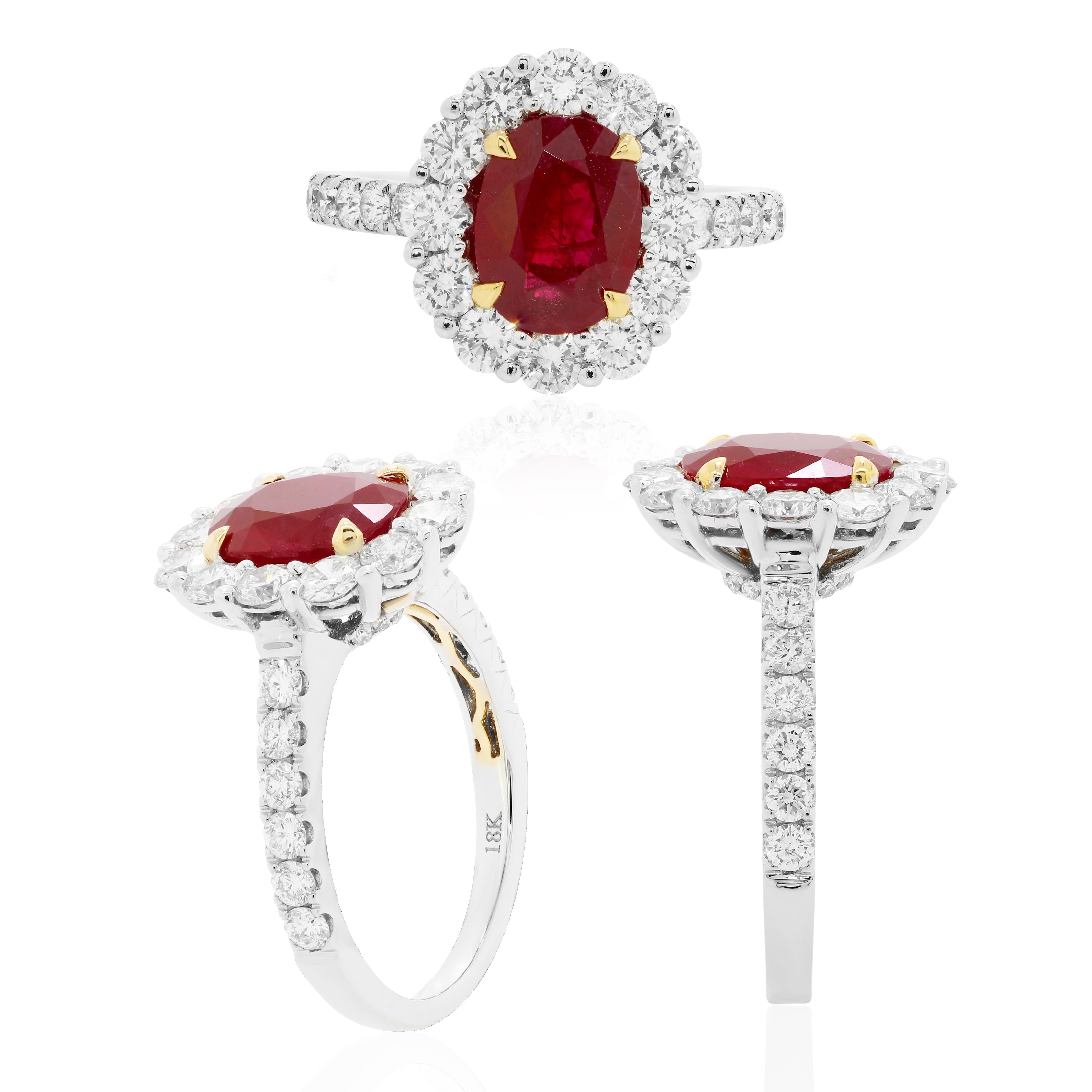 GIA Certified Burma Ruby Oval Single Halo Two Color Gold Bridal Fashion Ring 4