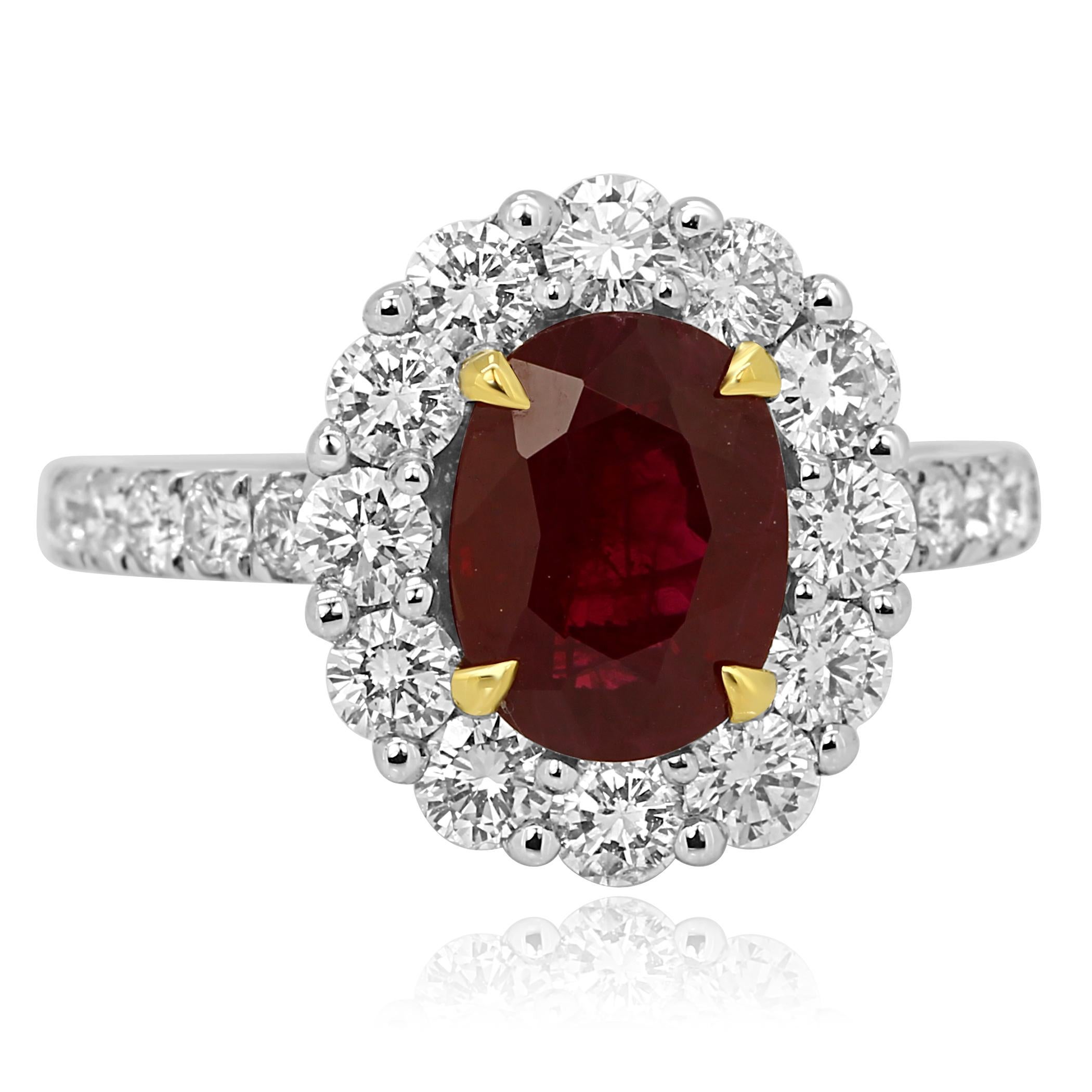 Stunning GIA Certified Burma Ruby Oval 2.48 Carat Encircled in a Single Halo of White Round Diamonds 1.45 Carat set in Gorgeous Hand Made 18K white and Yellow Gold Bridal Fashion Ring.

MADE IN USA 
Center Ruby Oval Weight 2.48 Carat
Total Weight
