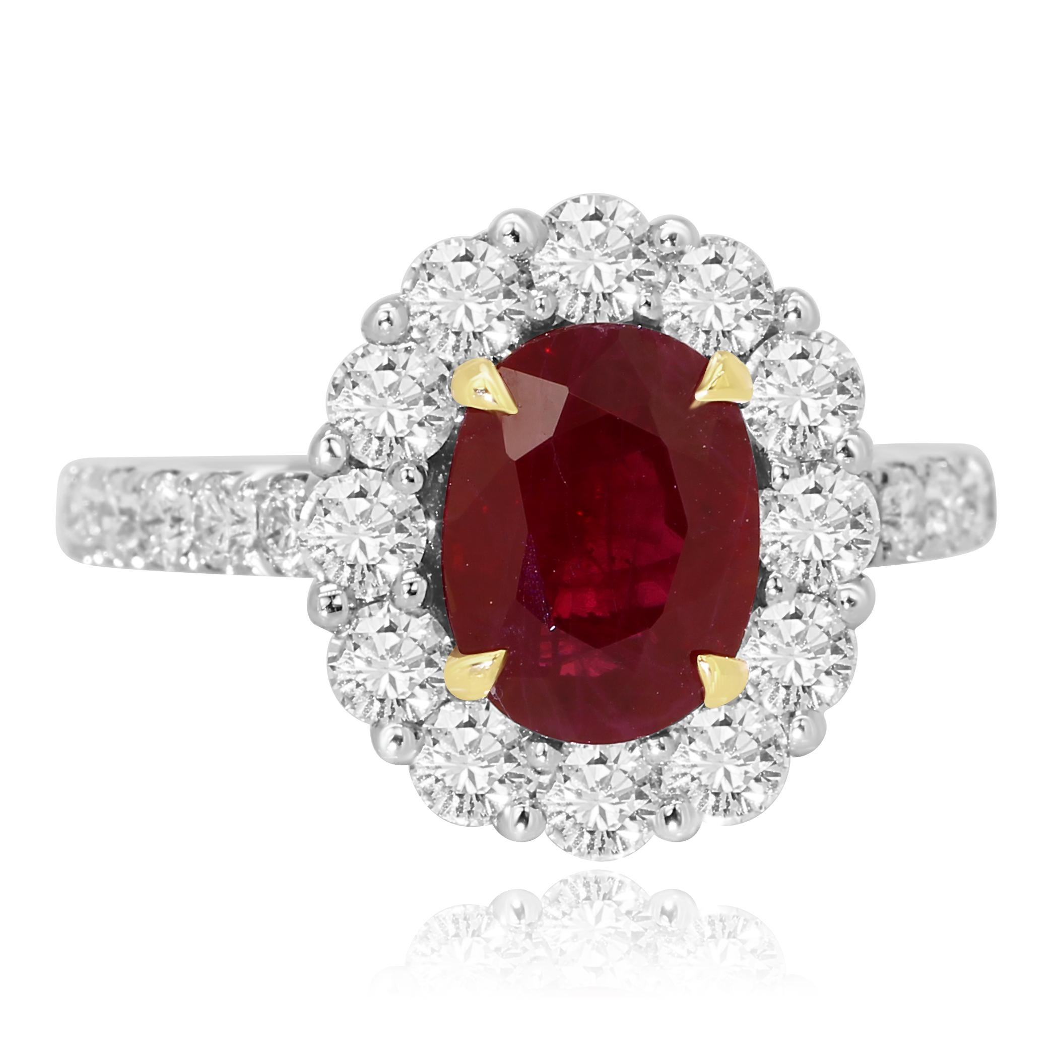Modern GIA Certified Burma Ruby Oval Single Halo Two Color Gold Bridal Fashion Ring