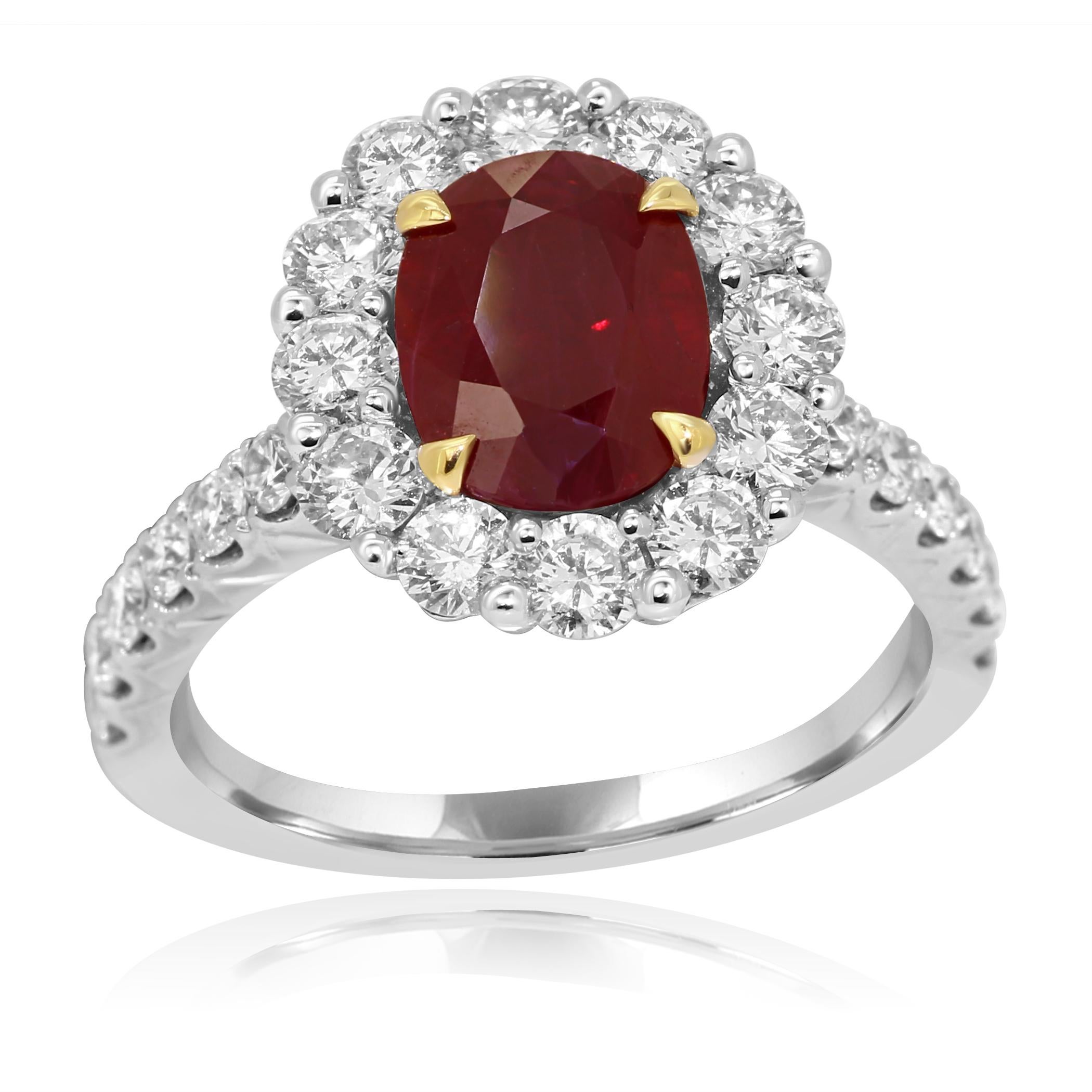 Oval Cut GIA Certified Burma Ruby Oval Single Halo Two Color Gold Bridal Fashion Ring