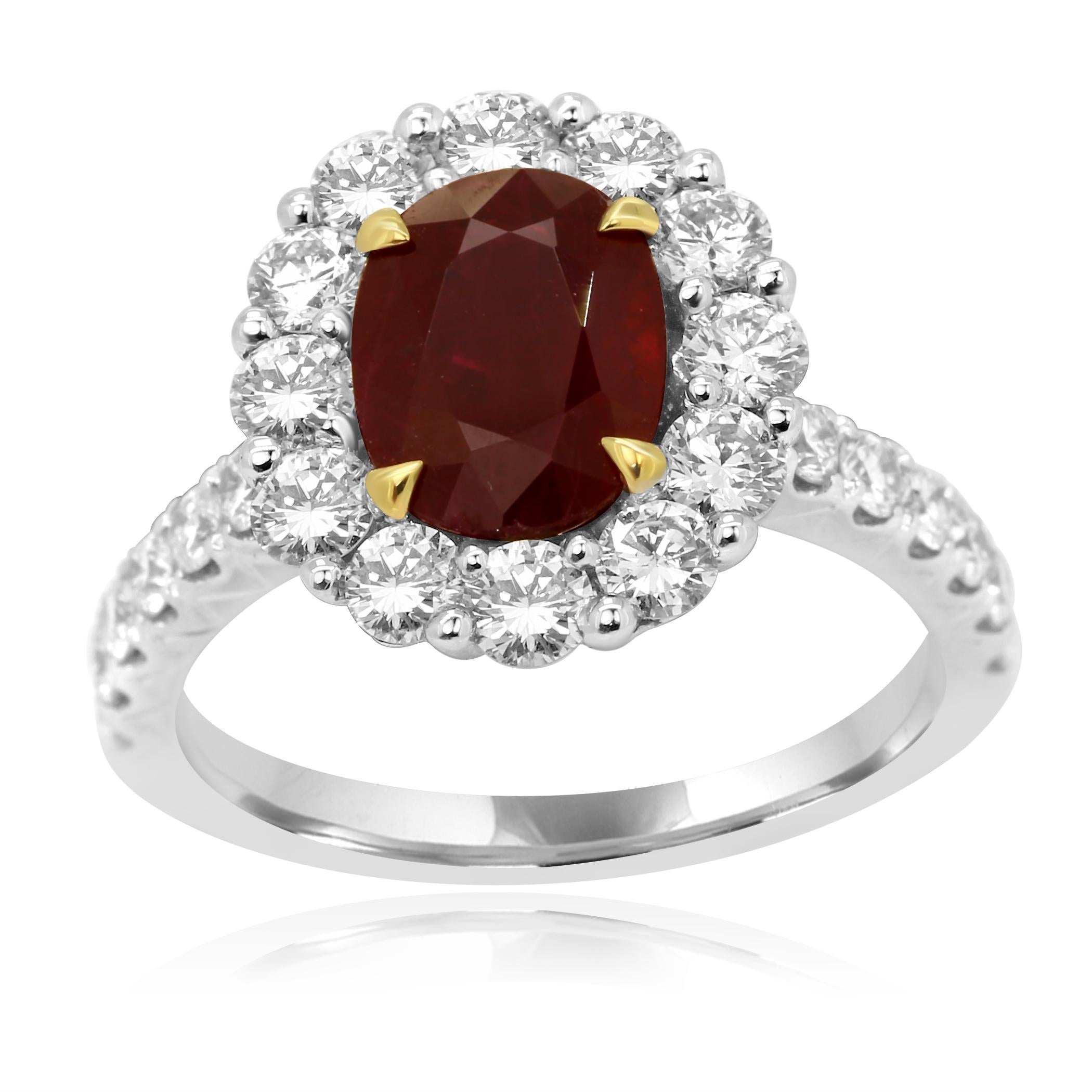 GIA Certified Burma Ruby Oval Single Halo Two Color Gold Bridal Fashion Ring In New Condition In NEW YORK, NY