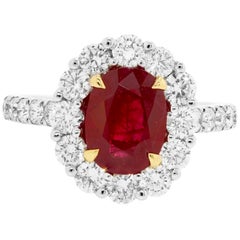 GIA Certified Burma Ruby Oval Single Halo Two Color Gold Bridal Fashion Ring
