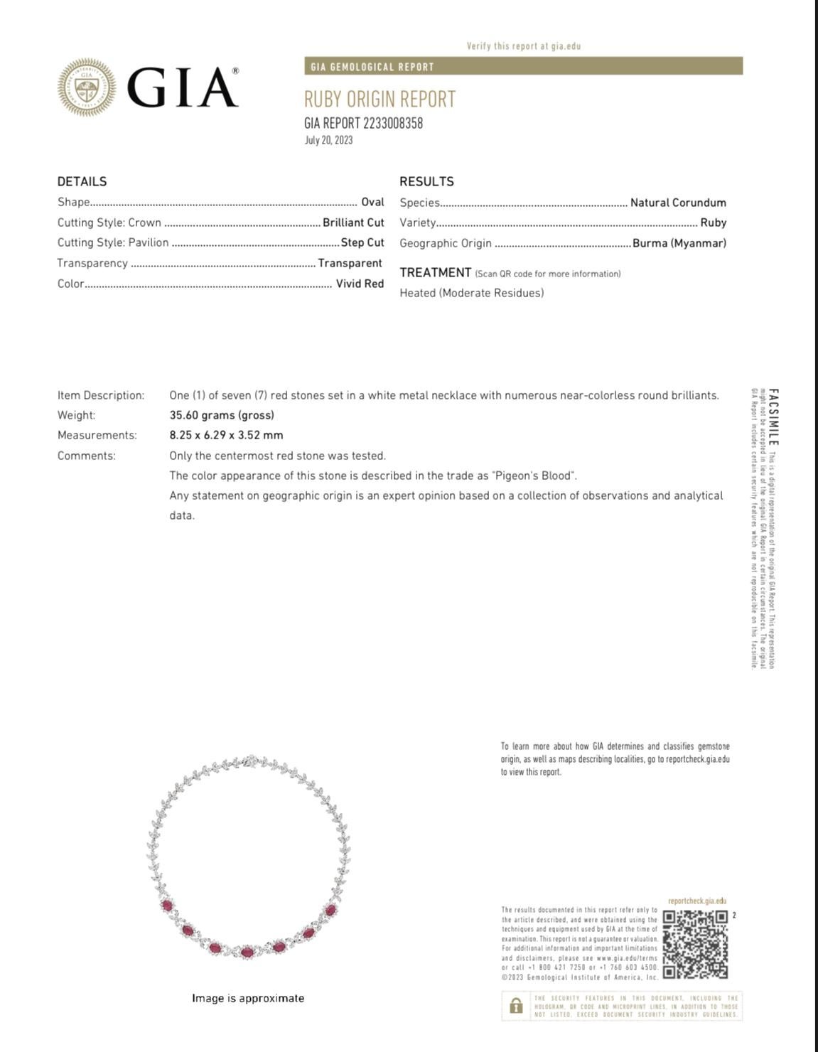 Oval Cut GIA Certified Burma Ruby Pidgeon Blood Diamond 18K Gold Necklace  For Sale