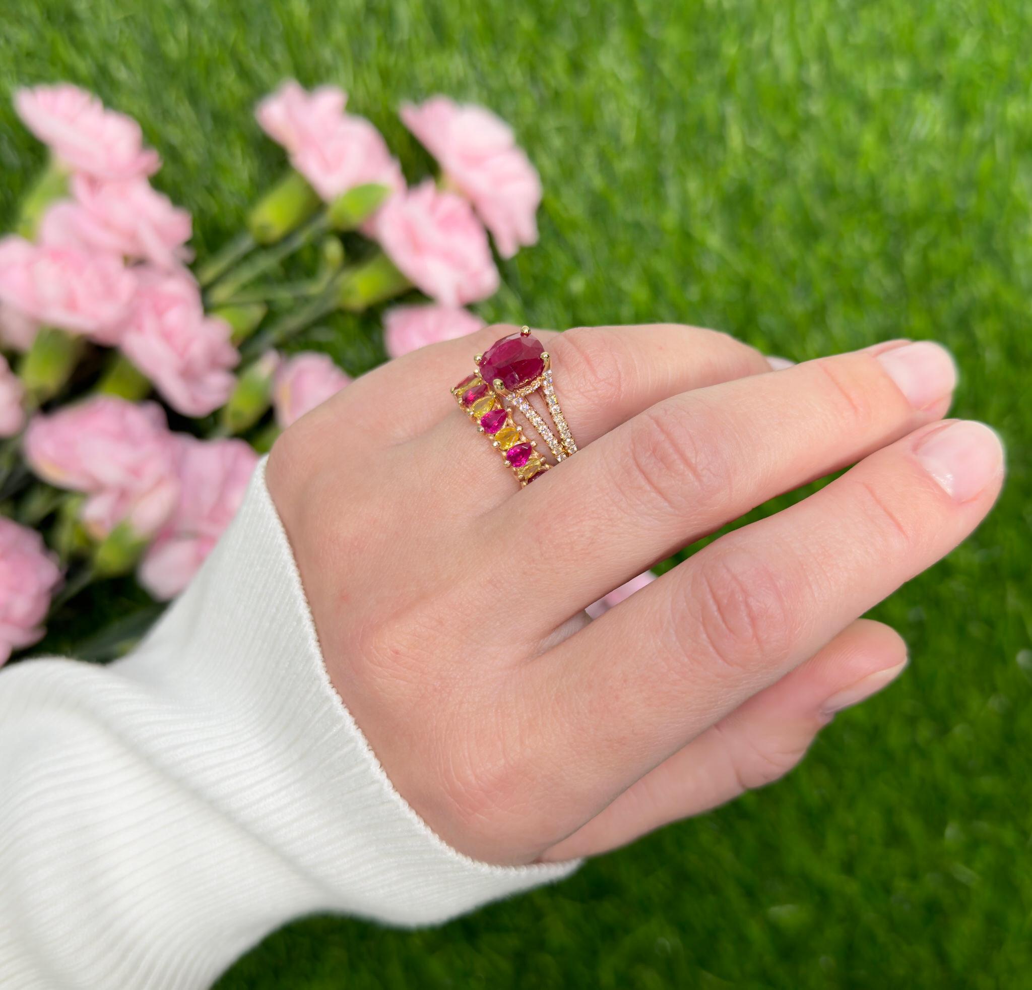 GIA-zertifizierter burmesischer Eternity-Ring mit unerhitztem Rubin und gelbem Fancy-Diamant (Kissenschliff) im Angebot