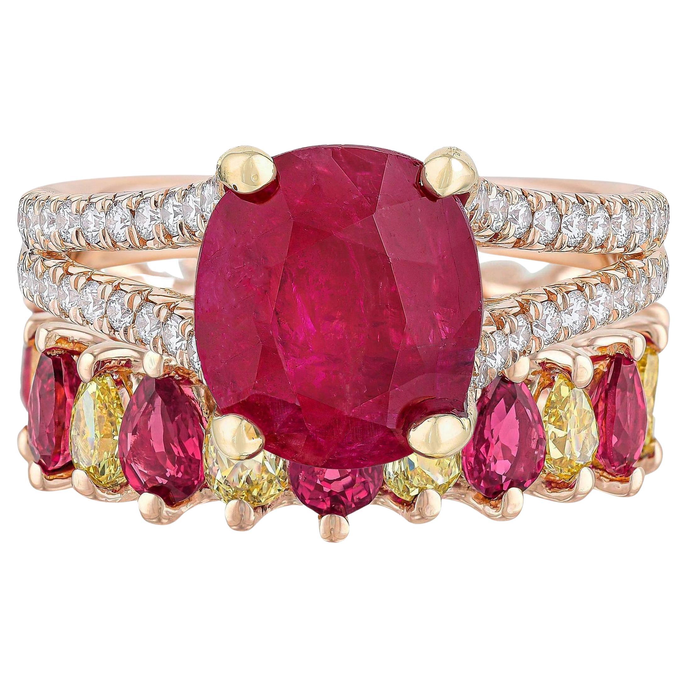 GIA Certified Burma Unheated Ruby and Fancy Yellow Diamond Eternity Ring Set For Sale