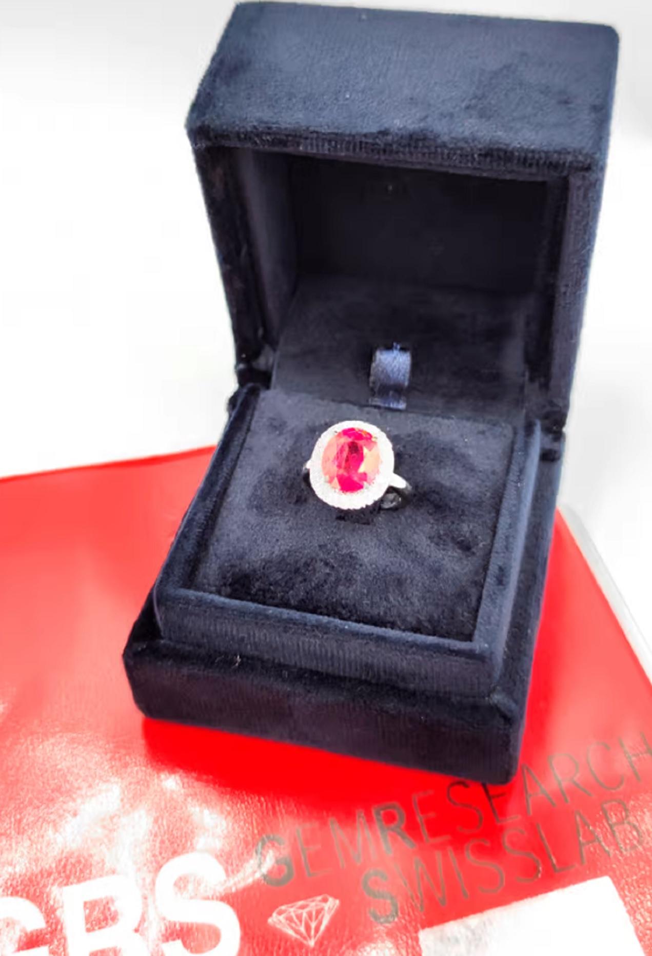 Modern GIA Certified BURMESE NO HEAT Red Ruby 7 Carat No Heat Ruby Diamond Ring For Sale