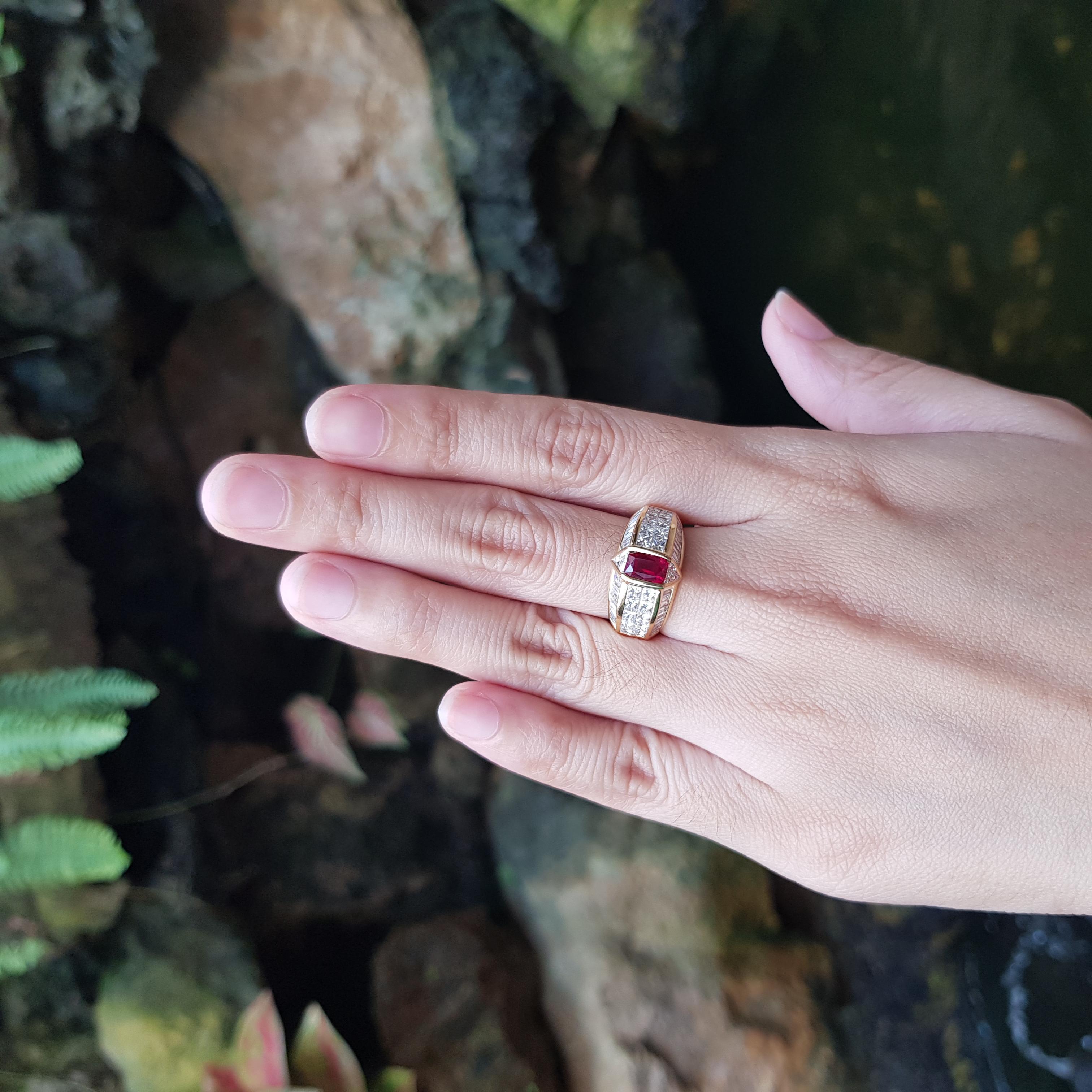 Pigeon's Blood Ruby 1.23 carats and Diamond 3.59 carats Ring set in 18K Gold Settings

Width:  2.2 cm 
Length: 1.1 cm
Ring Size: 52
Total Weight: 8.10 grams

