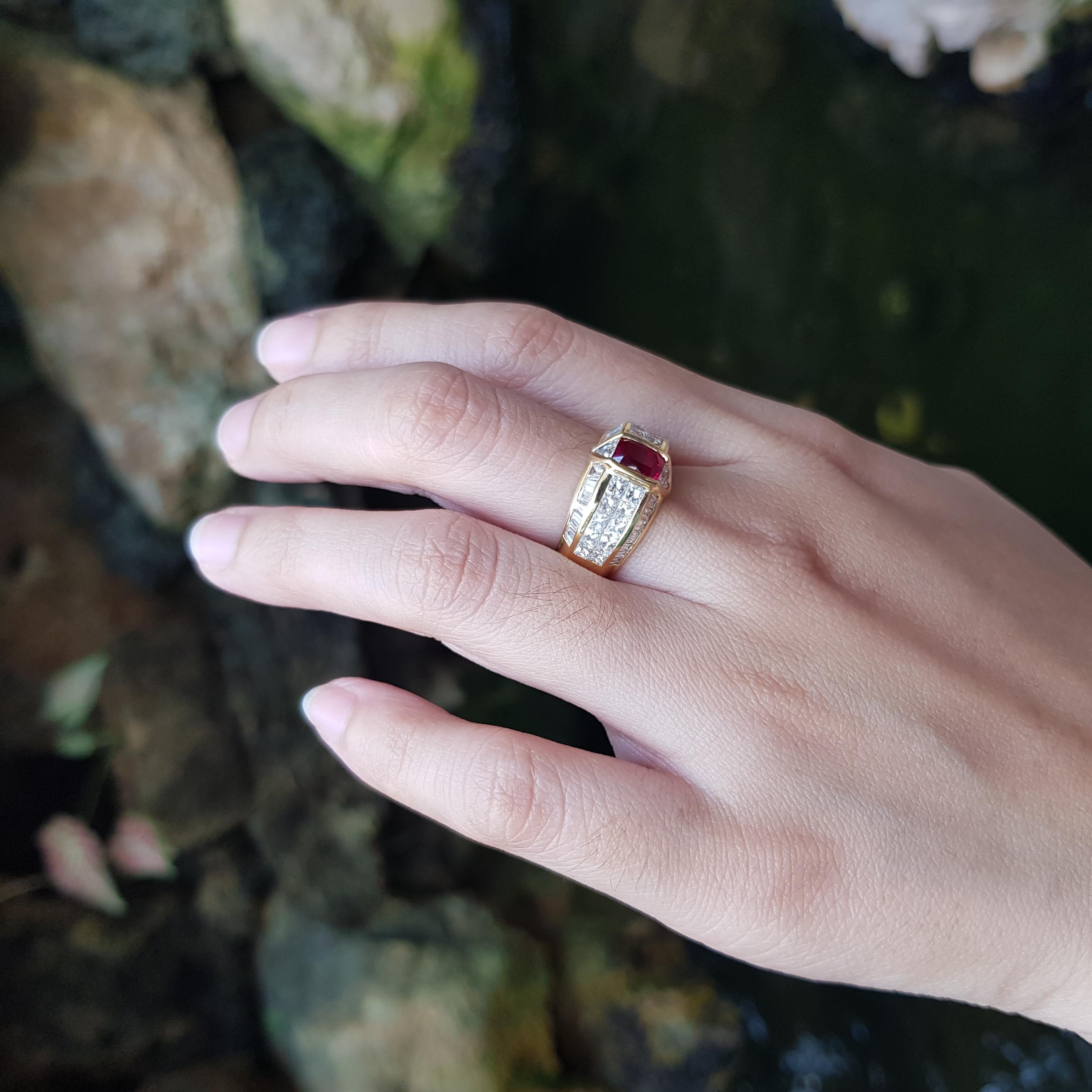 Emerald Cut GIA Certified Burmese Pigeon's Blood Ruby and Diamond Ring set in 18K Gold For Sale