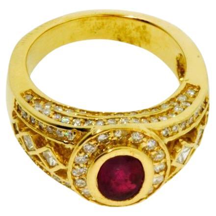 Art Nouveau GIA Certified Burmese Ruby '0.85ct', Diamonds '110=1.62ct' 18 Karat Gold Ring