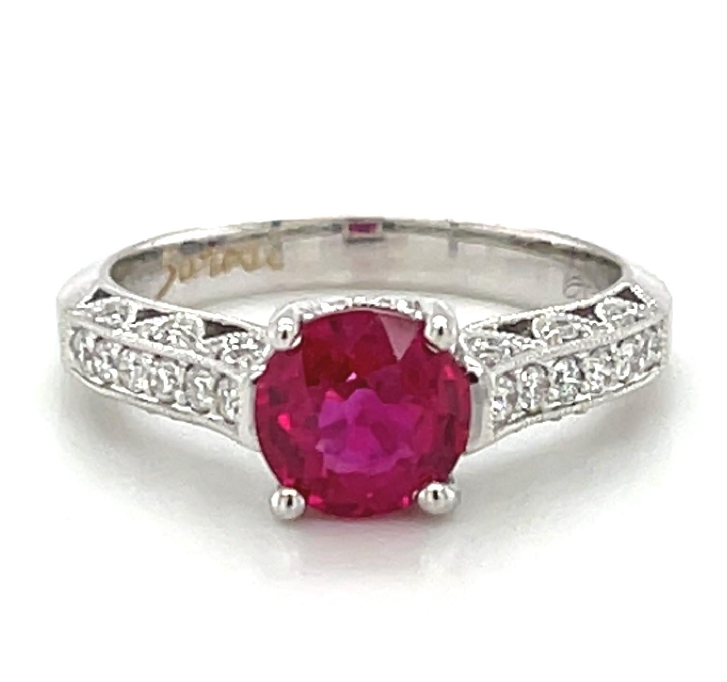 Artisan GIA Certified Burmese Ruby and Diamond White Gold Engagement Ring, 1.45 Carats For Sale