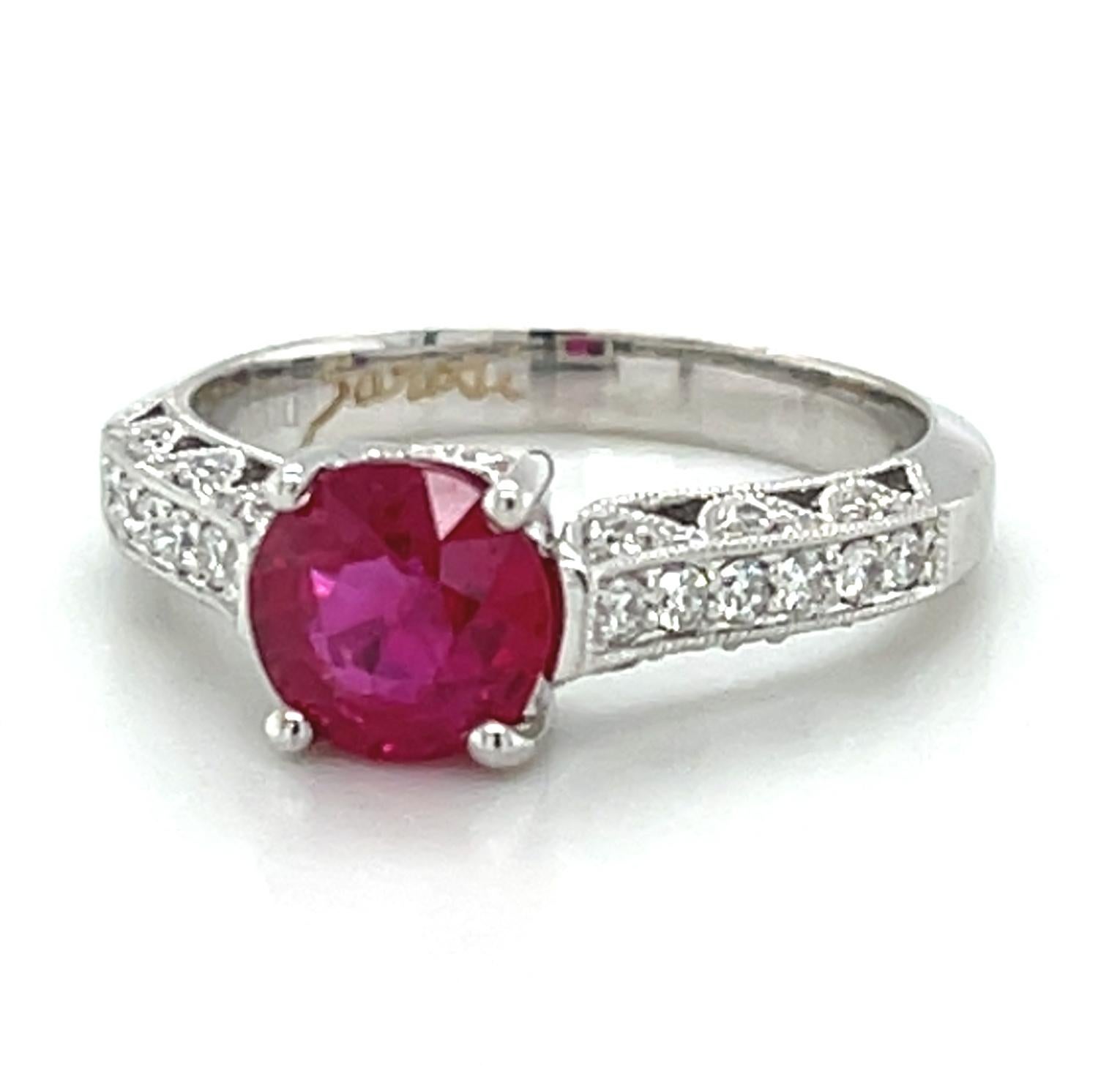 Round Cut GIA Certified Burmese Ruby and Diamond White Gold Engagement Ring, 1.45 Carats For Sale
