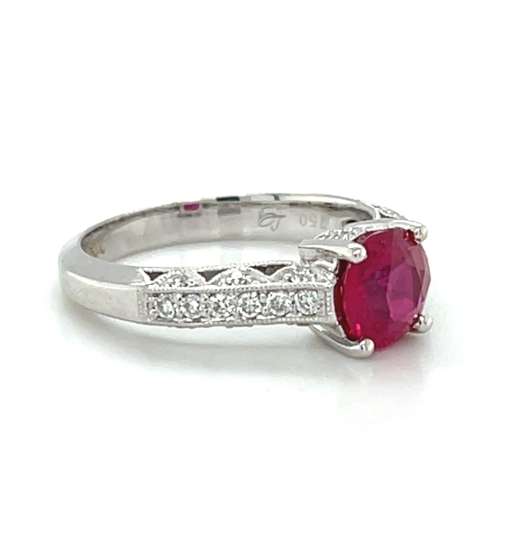 GIA Certified Burmese Ruby and Diamond White Gold Engagement Ring, 1.45 Carats In New Condition For Sale In Los Angeles, CA