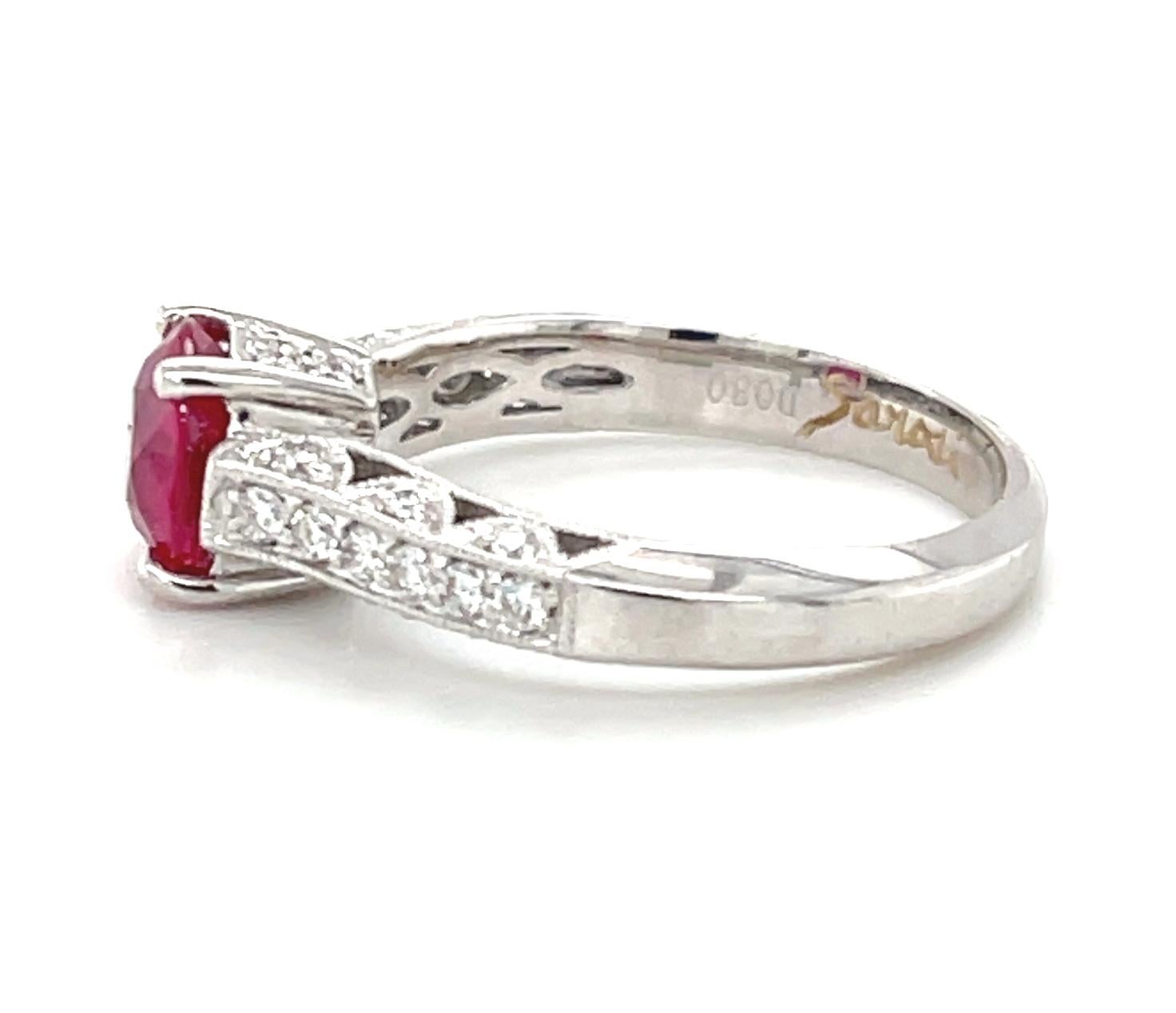 Women's GIA Certified Burmese Ruby and Diamond White Gold Engagement Ring, 1.45 Carats For Sale