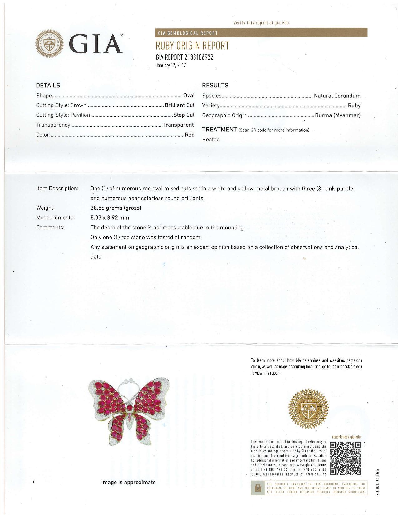 Wow! What a beautiful statement piece! This large butterfly pin is collection worthy, featuring Burmese rubies, pink sapphires, and over 300 brilliant cut diamonds. The rubies are extremely high quality and well-matched, displaying the ideal pinkish