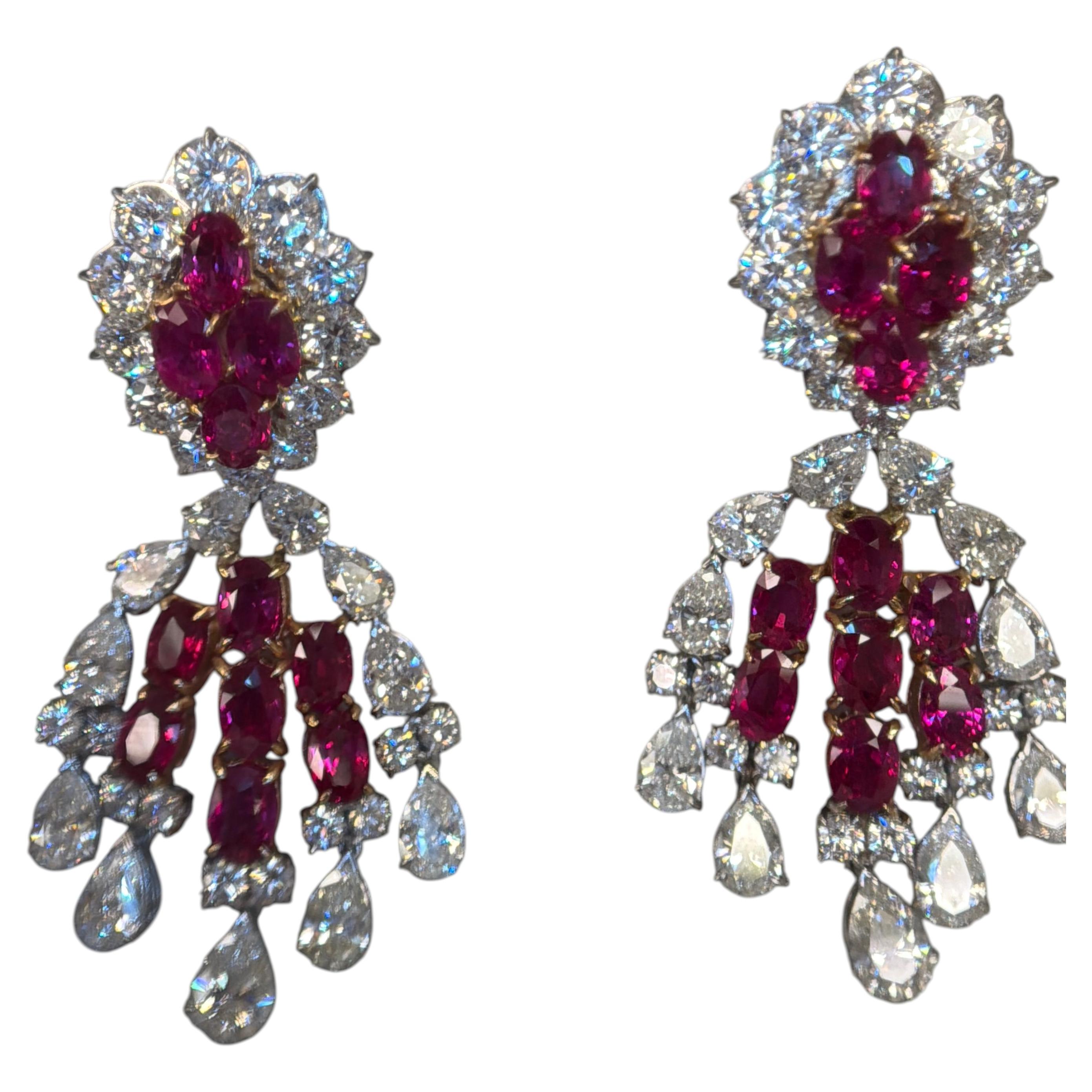 GIA Certified Burmese Ruby White Diamond 18K Gold Chandelier Earrings