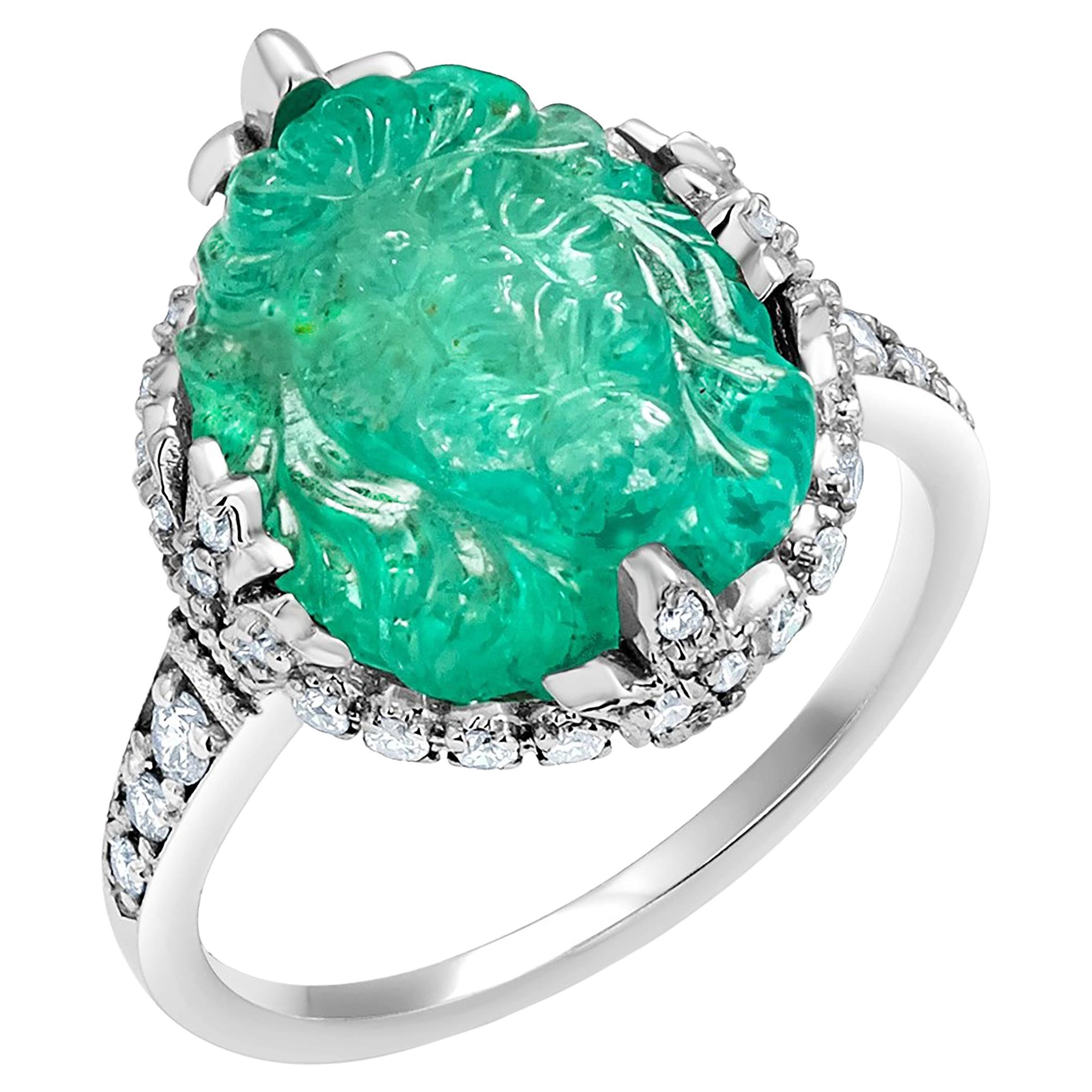 GIA Certified Old Carved Emerald Diamond 6.15 Carat Eighteen Karat Gold Ring  For Sale
