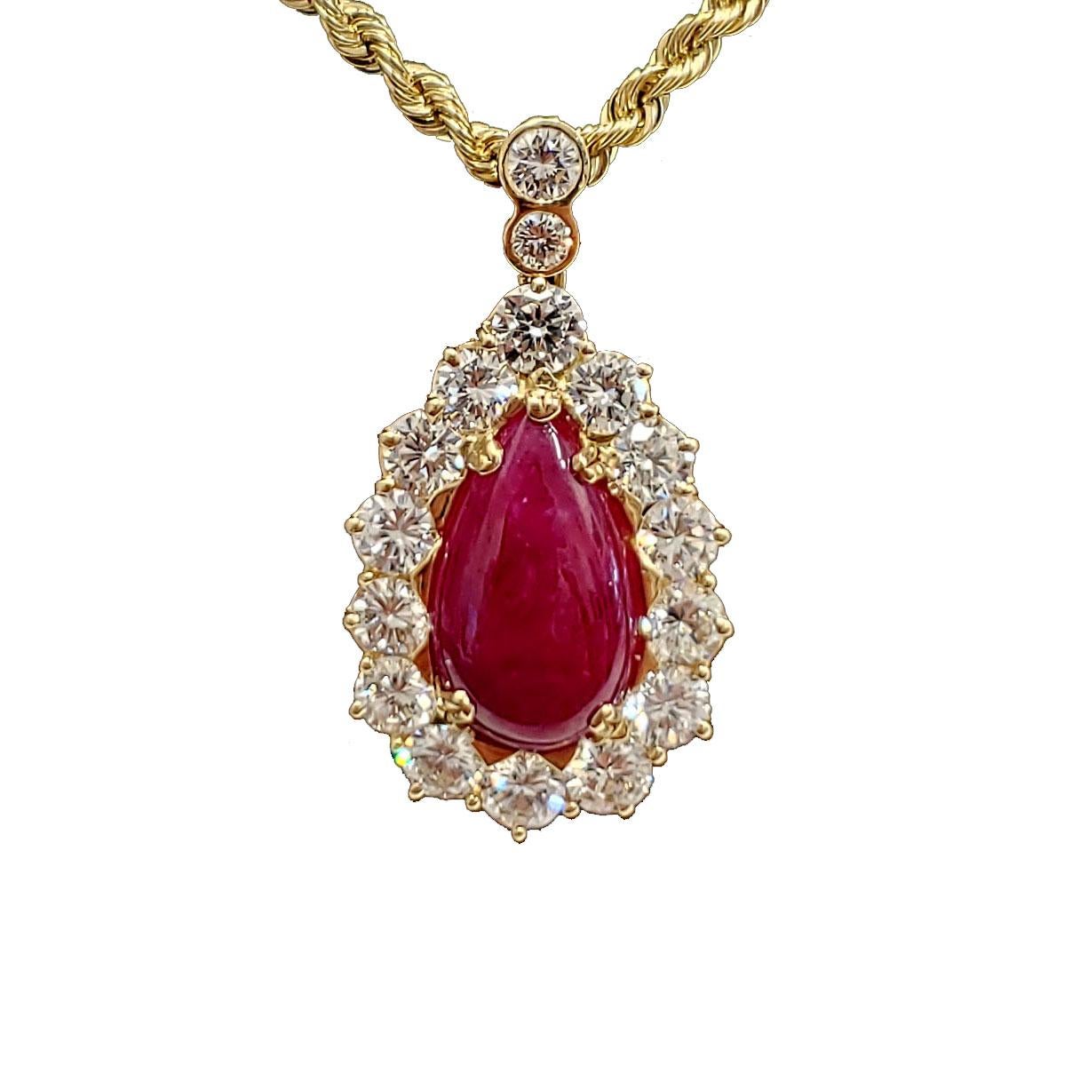 Retro GIA Certified, Cabochon No Heat Ruby and Diamond Pendant and Earring Set