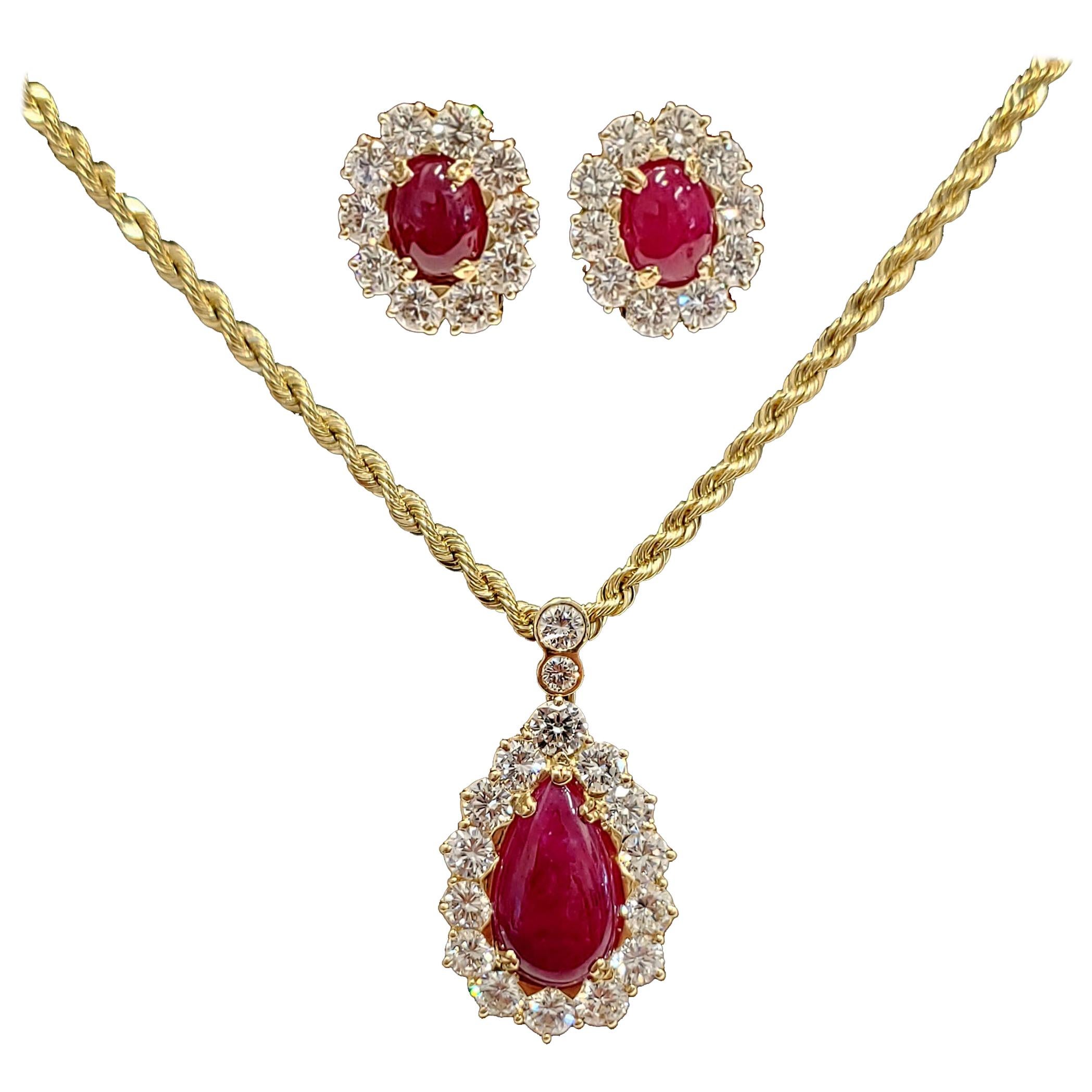 GIA Certified, Cabochon No Heat Ruby and Diamond Pendant and Earring Set