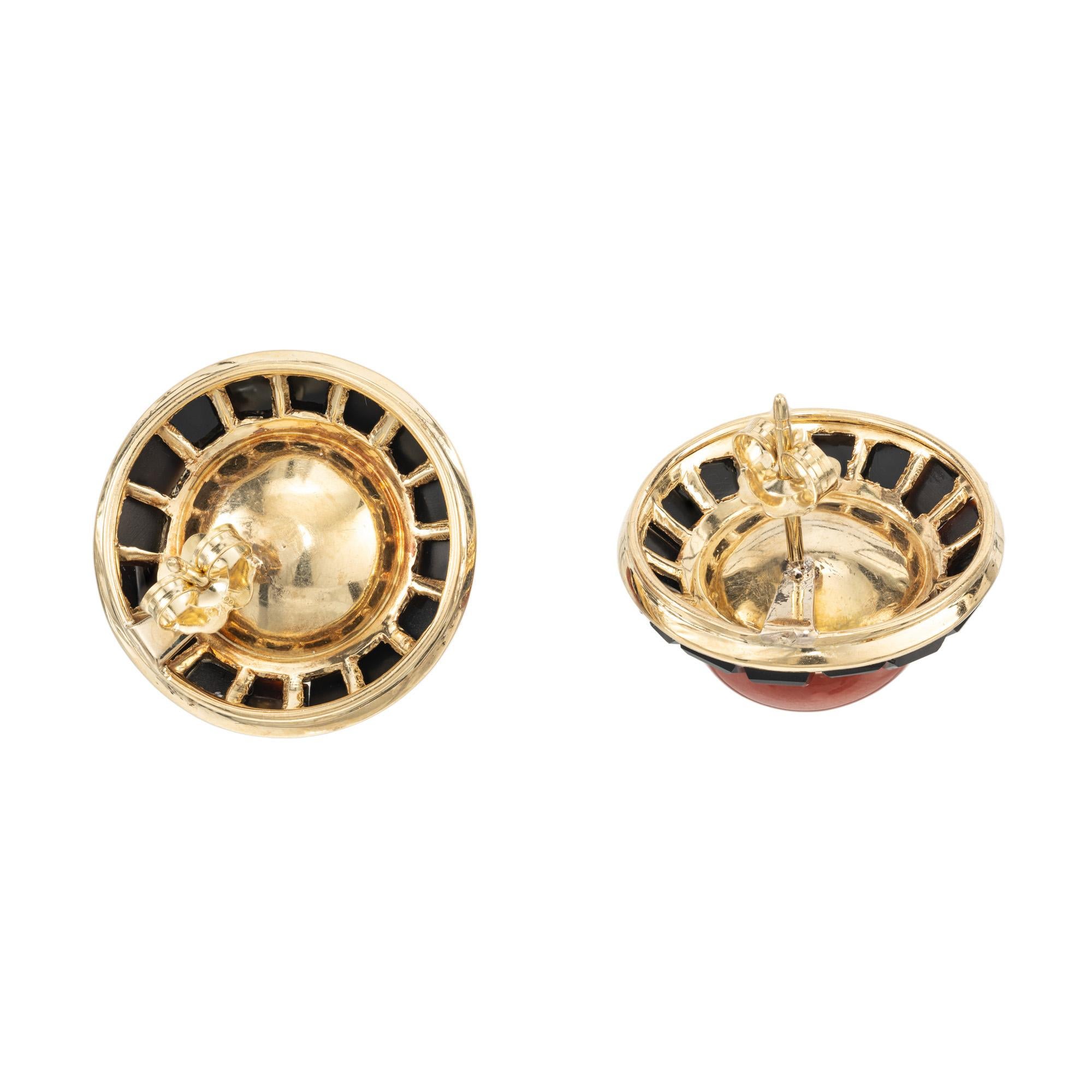 GIA Certified Cabochon Round Red Coral Black Onyx Gold Earrings For Sale 1