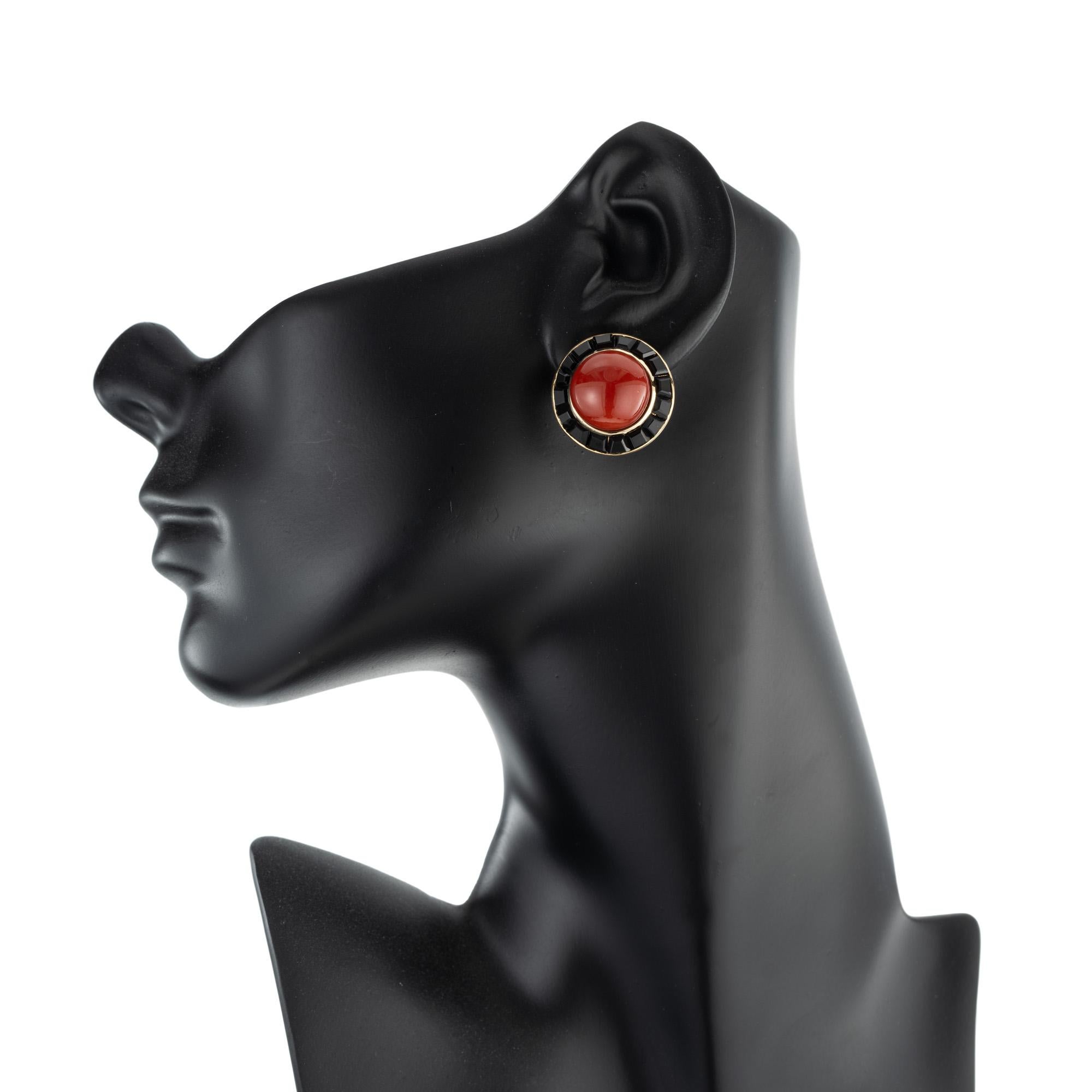 GIA Certified Cabochon Round Red Coral Black Onyx Gold Earrings For Sale 3