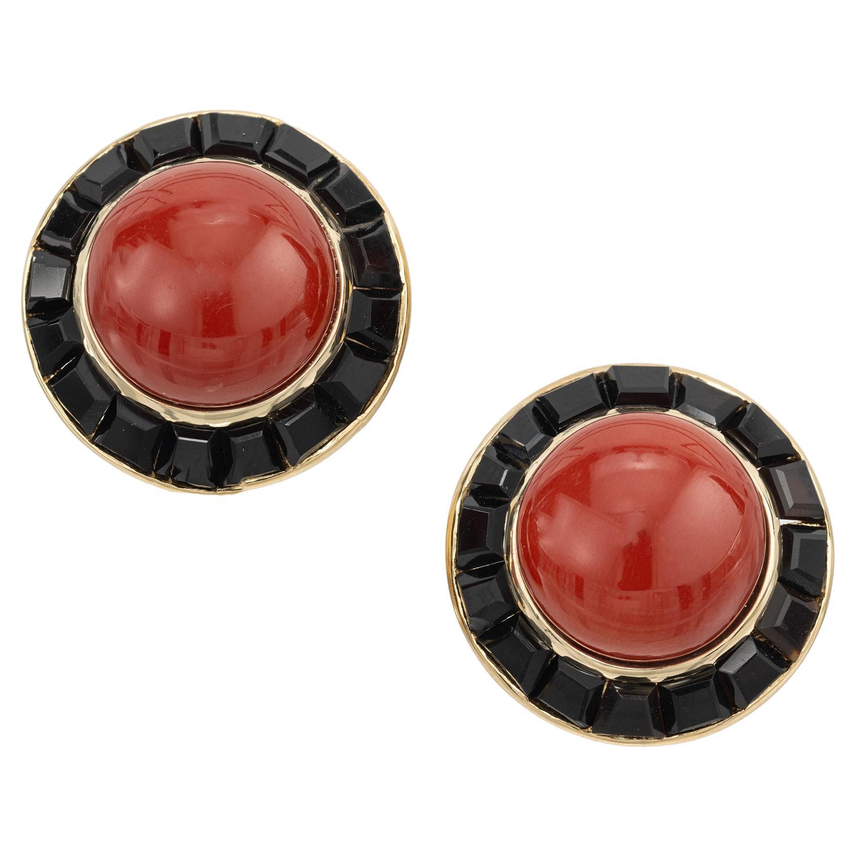 GIA Certified Cabochon Round Red Coral Black Onyx Gold Earrings For Sale