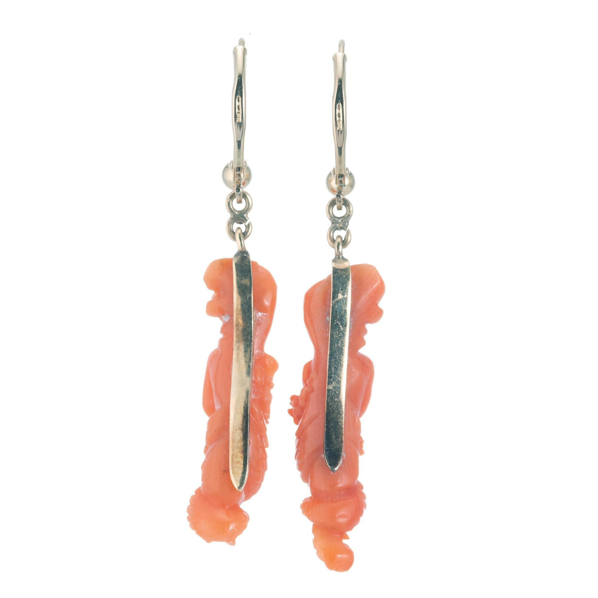GIA Certified Carved Coral Yellow Gold Mermaid Dangle Earrings In Excellent Condition For Sale In Stamford, CT