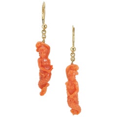 Antique GIA Certified Carved Coral Yellow Gold Mermaid Dangle Earrings