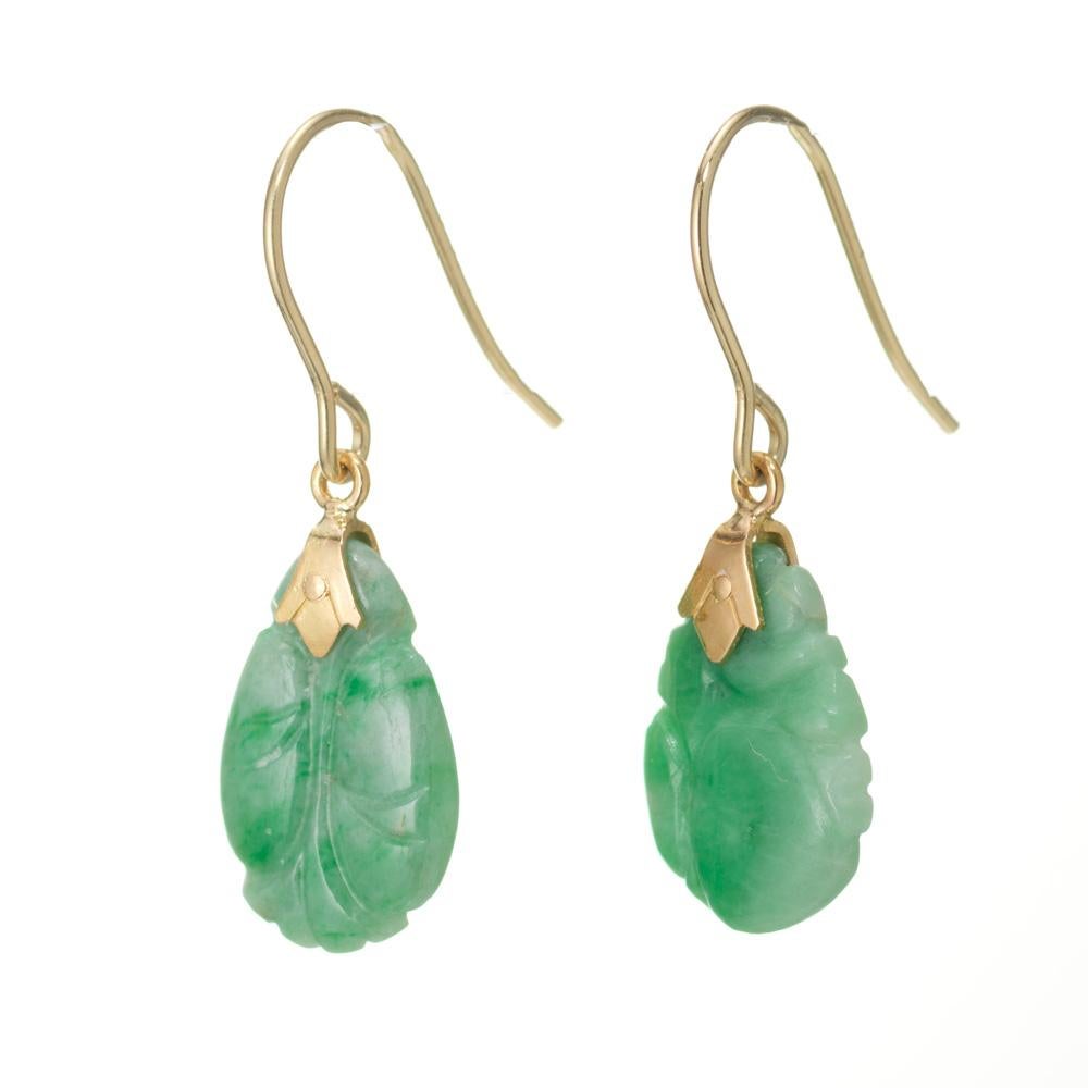 Round Cut GIA Certified Carved Jadeite Jade Yellow Gold Dangle Earrings For Sale