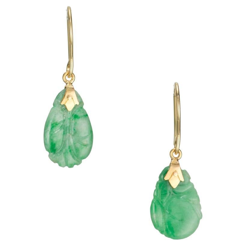GIA Certified Carved Jadeite Jade Yellow Gold Dangle Earrings  For Sale