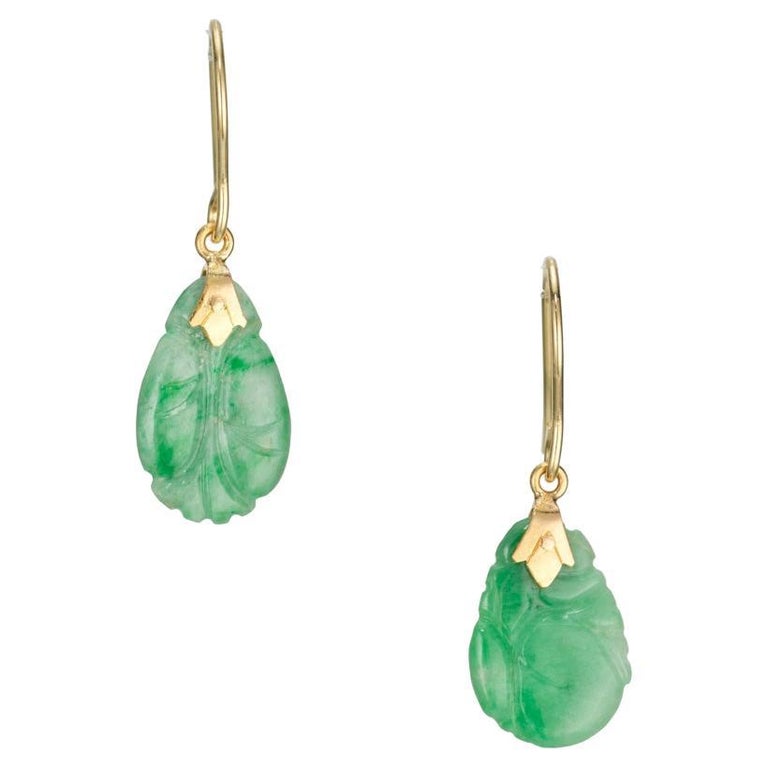 GIA Certified Carved Jadeite Jade Yellow Gold Dangle Earrings For Sale ...