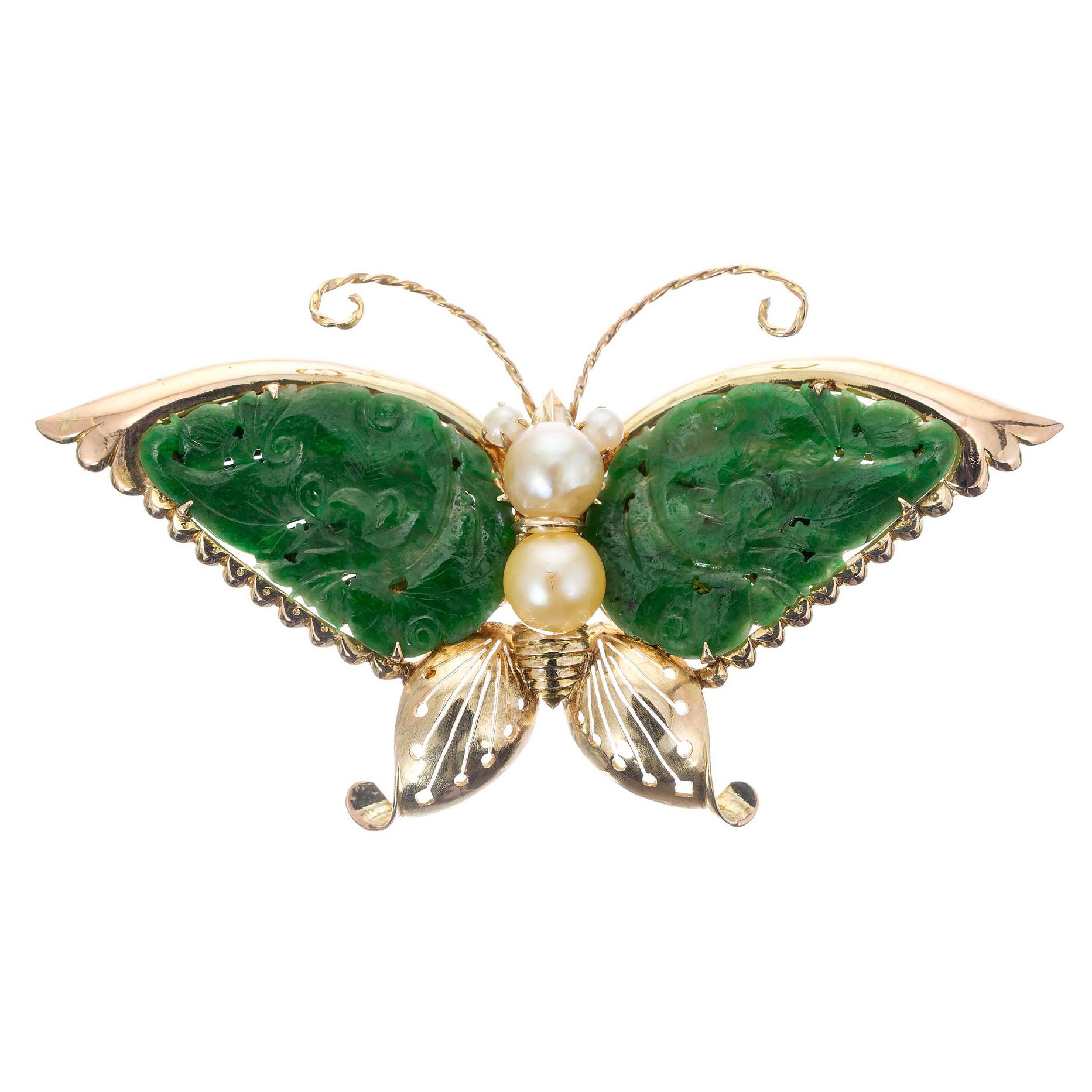 GIA Certified Carved Omphacite Jade Pearl Gold Butterfly Brooch For Sale