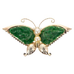 Antique GIA Certified Carved Omphacite Jade Pearl Gold Butterfly Brooch