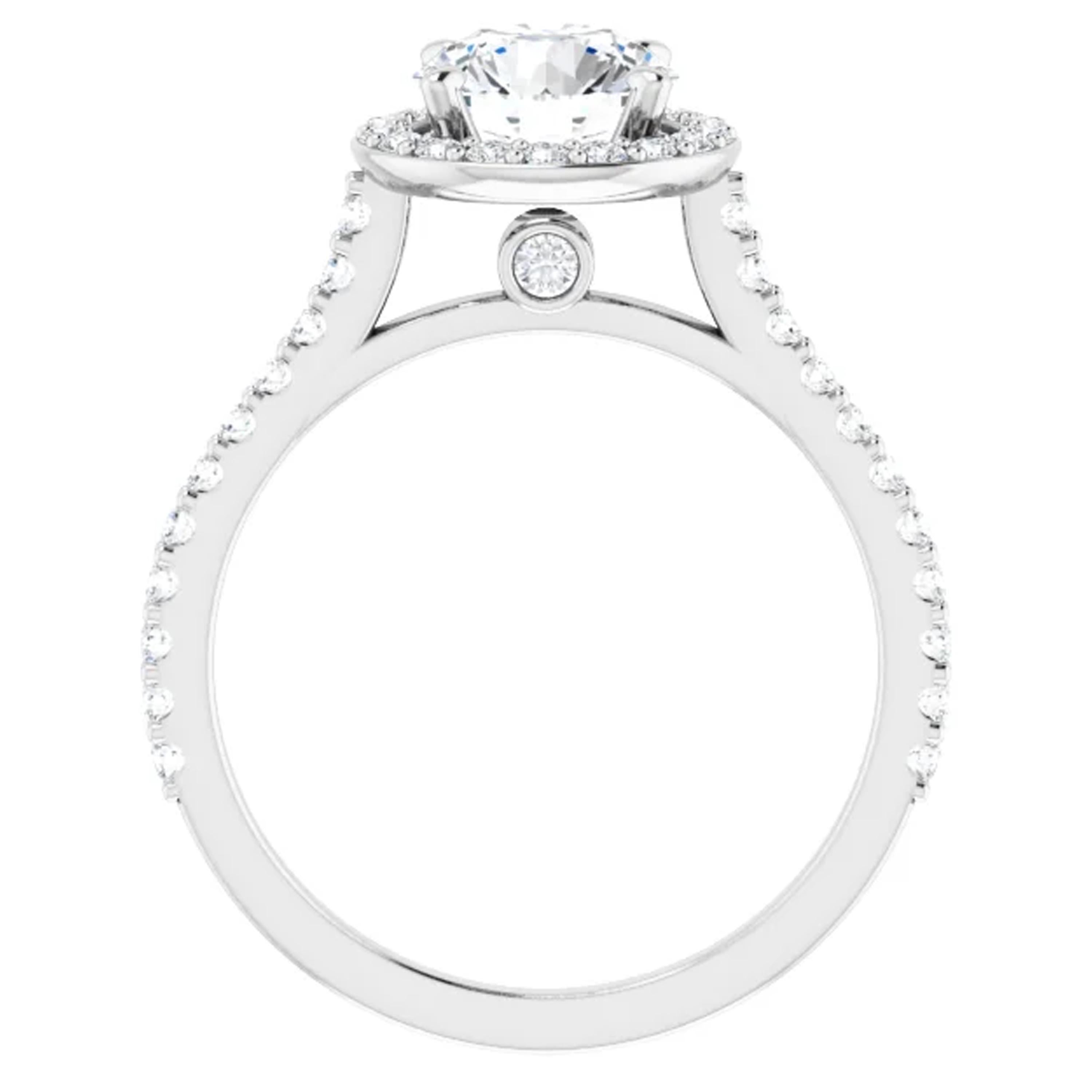 Showcasing two natural bezel set diamonds in the gallery, the cathedral diamond accented arches of this engagement ring rise as they reach the GIA certified center diamond. Additional diamonds amplify the round brilliant center diamond as they
