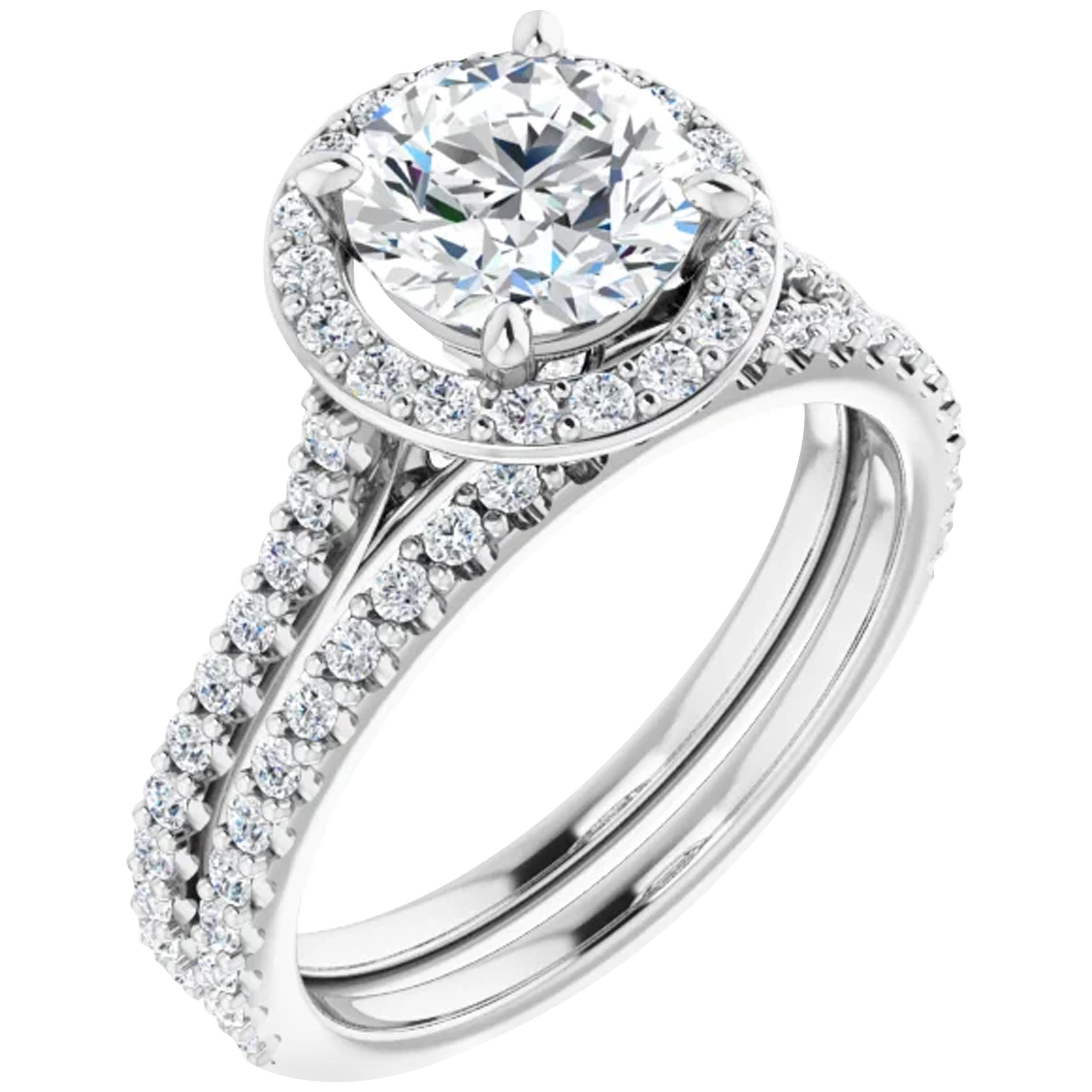GIA Certified Cathedral Halo Round Diamond Engagement Ring For Sale