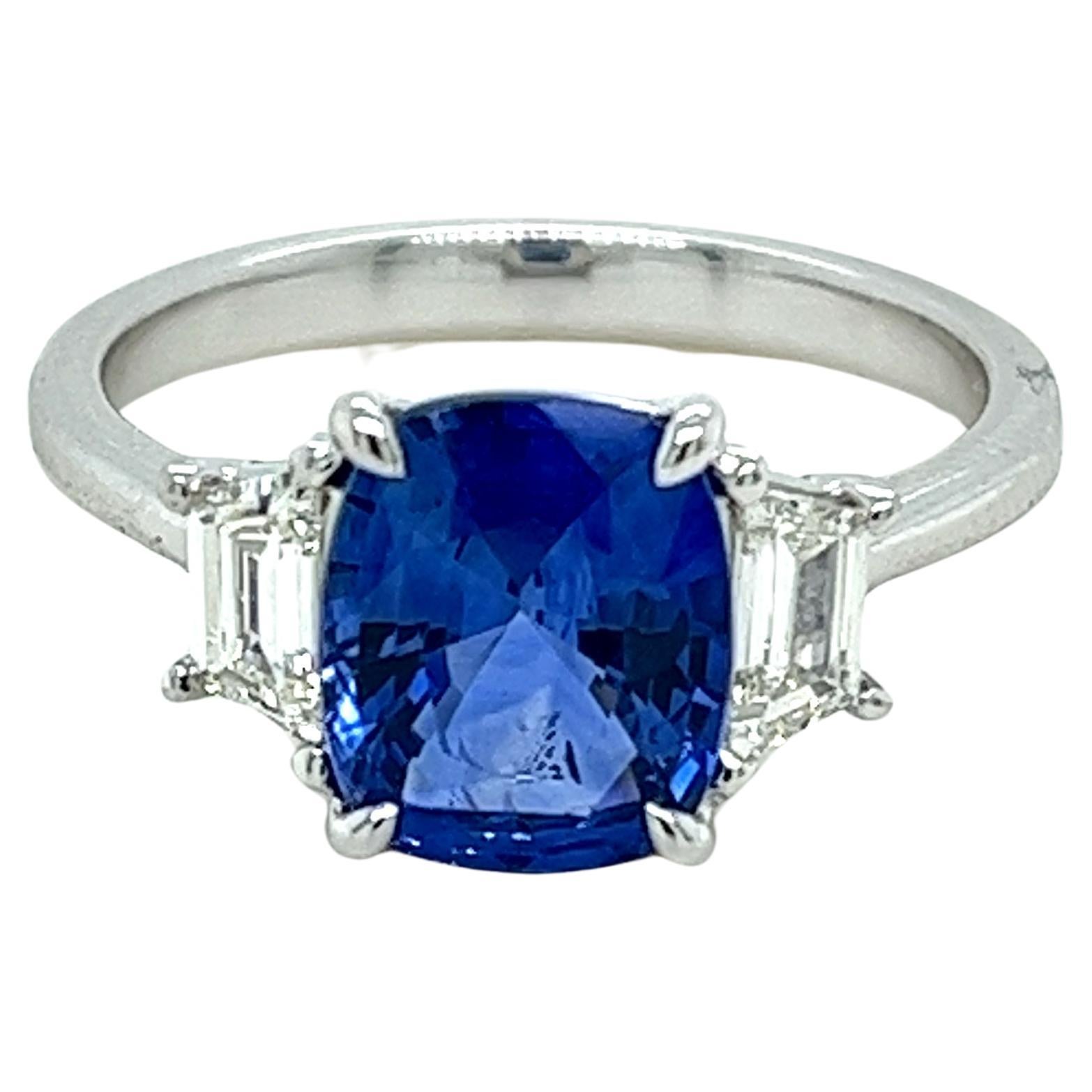 GIA Certified Ceylon Blue Sapphire & Diamond Three Stone Ring in Platinum For Sale