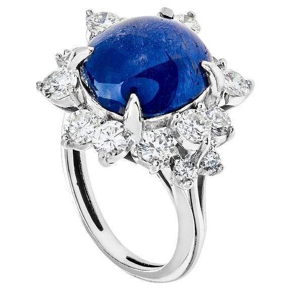 GIA Certified Ceylon Cabochon Cut Oval Blue Sapphire and Diamond Star Ring For Sale