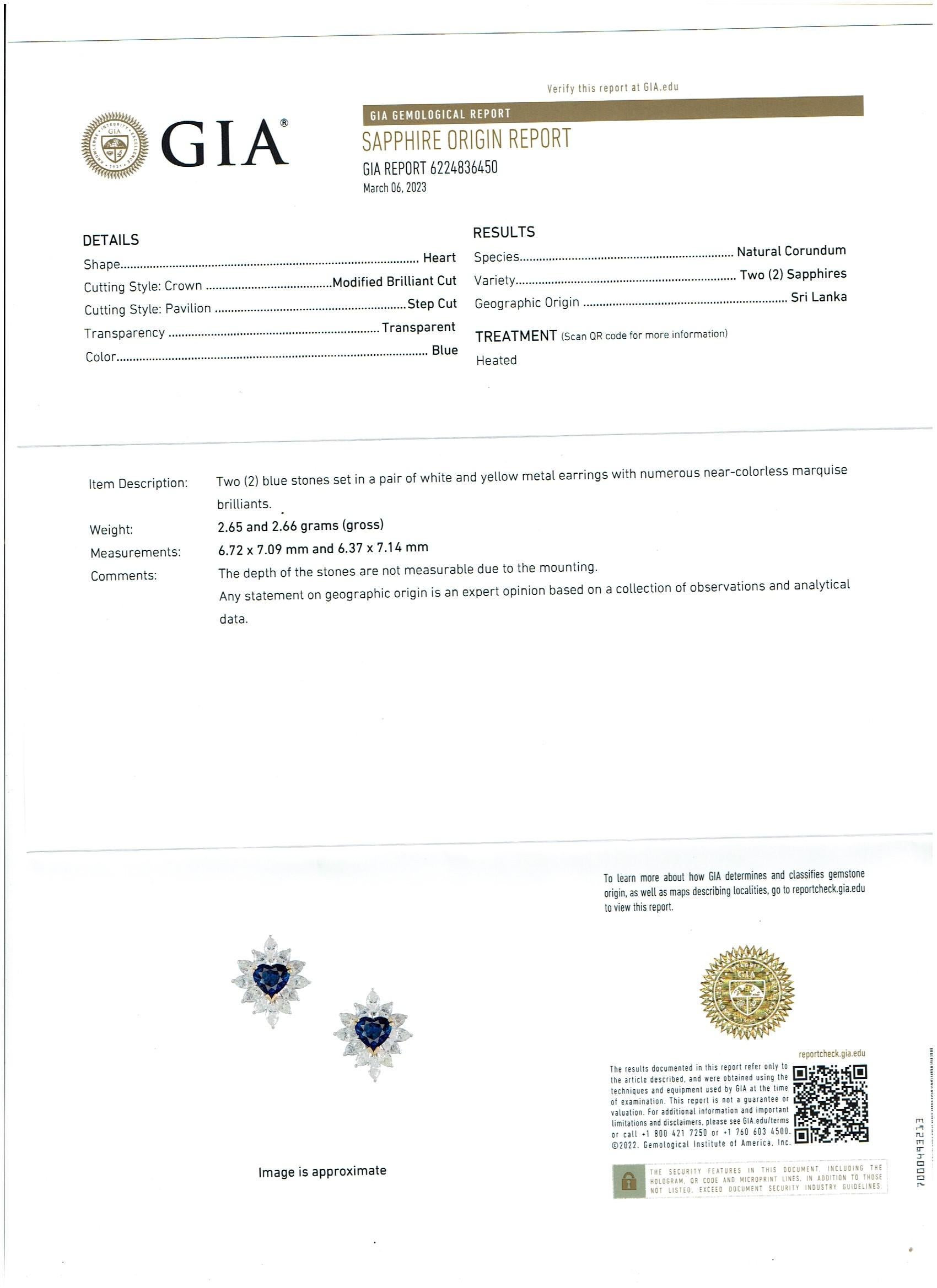 GIA Certified Ceylon Heart Shape Sapphire & 3.5 Carat Diamond Stud Earring 18KG For Sale 3
