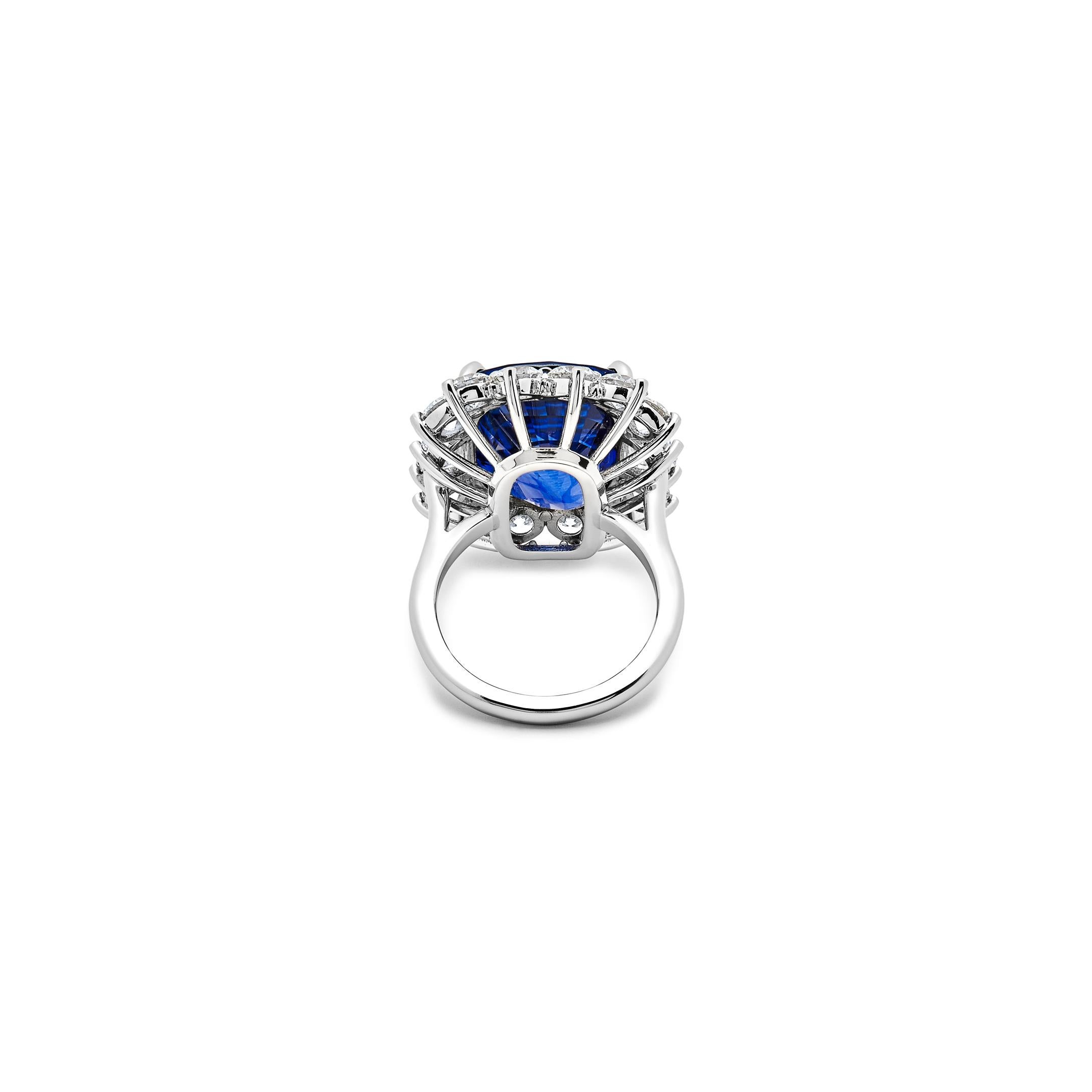 Elevate your style with our stunning Ceylon Sapphire and Diamond Platinum Halo Ring. This exquisite piece features a mesmerizing blue sapphire from Sri Lanka in a baguette cut.
The captivating blue sapphire with an impressive weight of a total of
