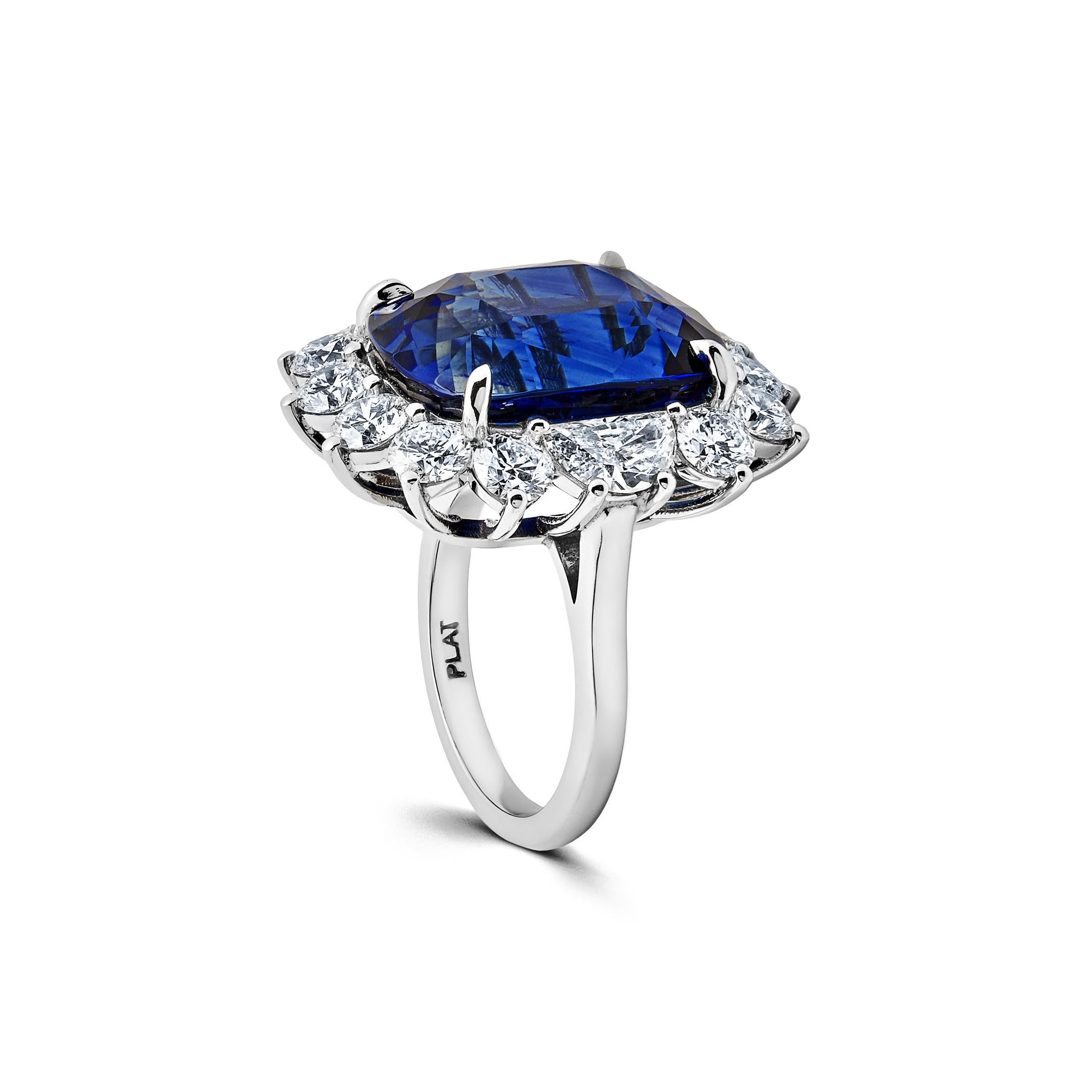 Baguette Cut GIA Certified Ceylon Sapphire and Diamond Platinum Halo Ring For Sale