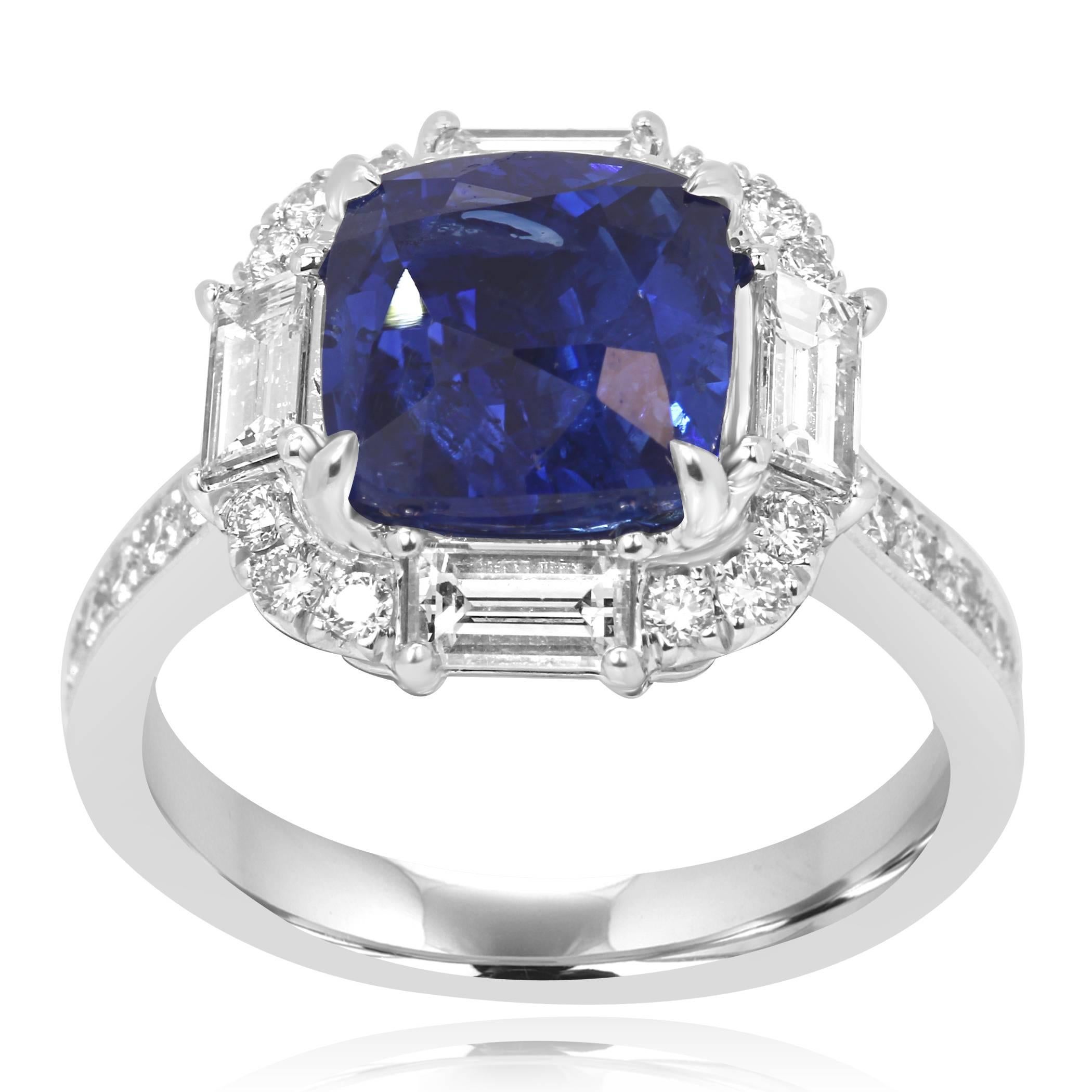 Stunning GIA Certified Ceylon Blue Sapphire Cushion 4.10 Carat encircled in a Halo of Round 0.50 Carat and Baguette Diamonds  0.73 Carat in 18K White Gold Ring.

Style available in different price ranges. Prices are based on your selection of 4C's