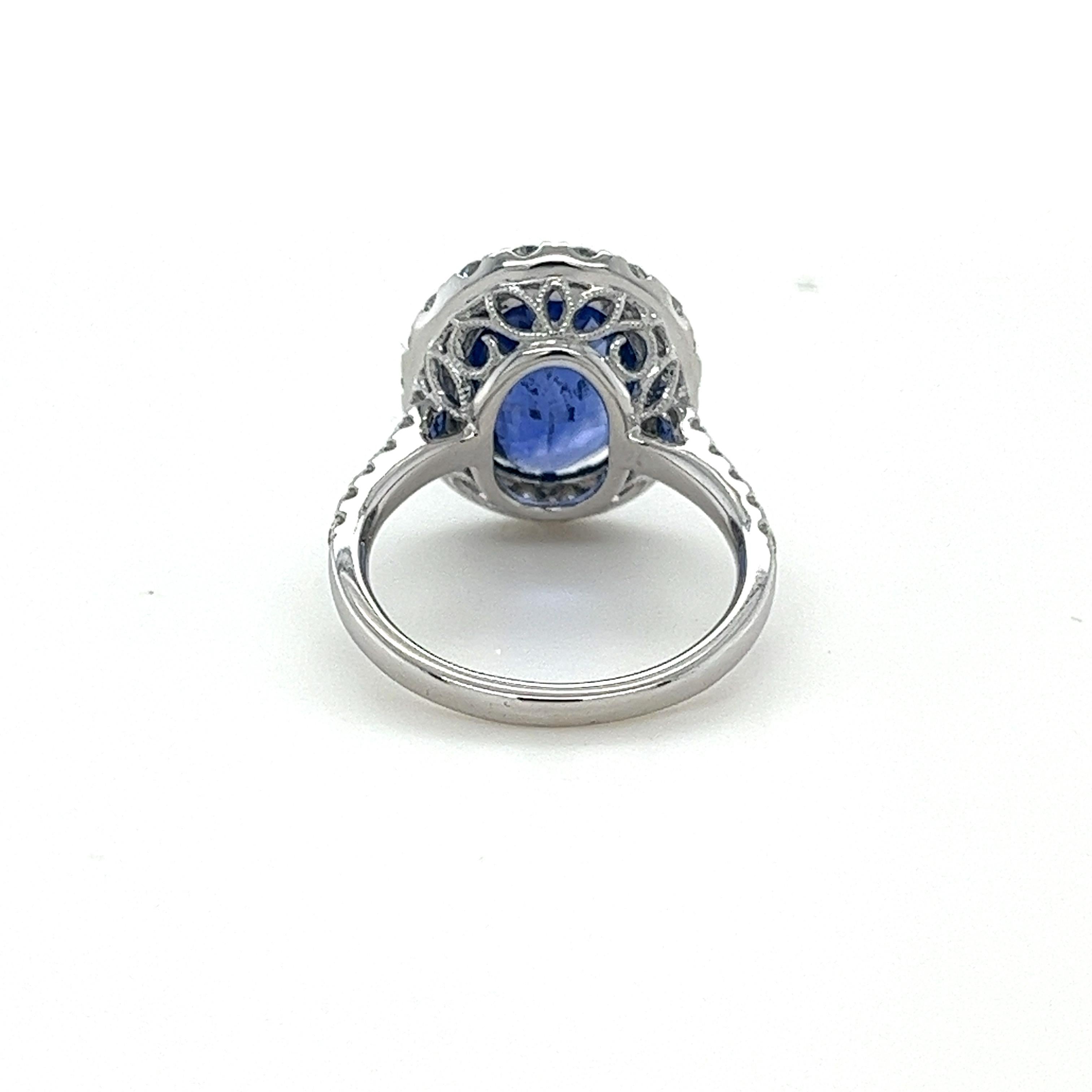 Oval Cut GIA Certified Ceylon Sapphire & Diamond Halo Ring in 18 Karat White Gold For Sale