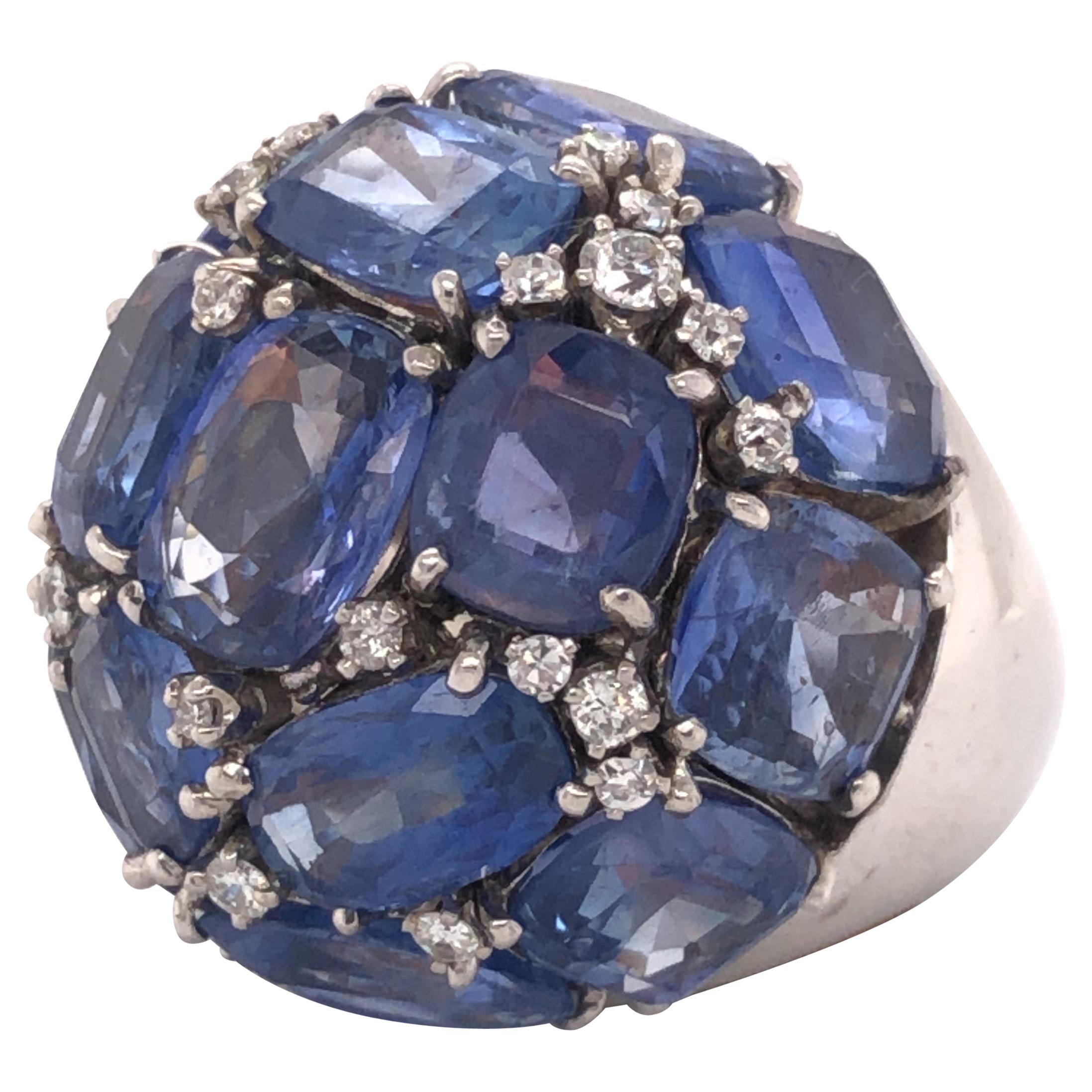 GIA Certified Ceylon Sapphire & Diamond Large Dome Palladium Ring