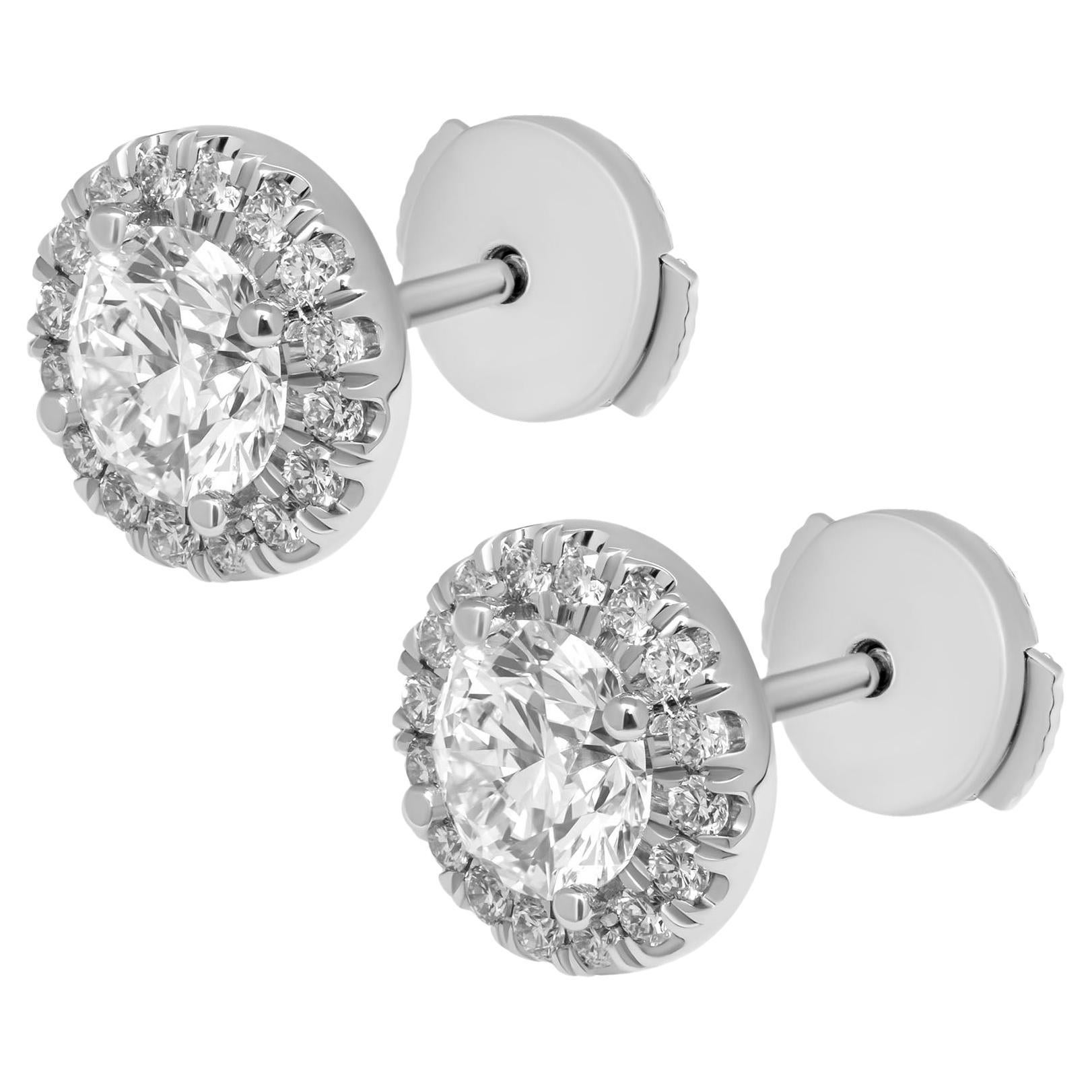 GIA Certified Classic Halo Studs in Platinum 1.22 Carat For Sale