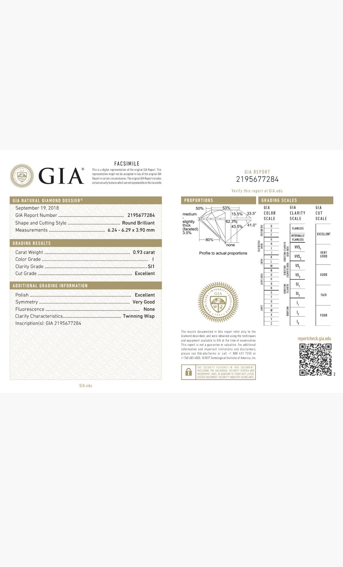 Gli orecchini pendenti contengono 2 diamanti tondi taglio brillante certificati GIA per un peso totale di 1,84 carati. 
I diamanti hanno colore I e purezza SI1-SI2, taglio eccellente.
Le pietre sono montate in un'incastonatura a cesto fatta a mano