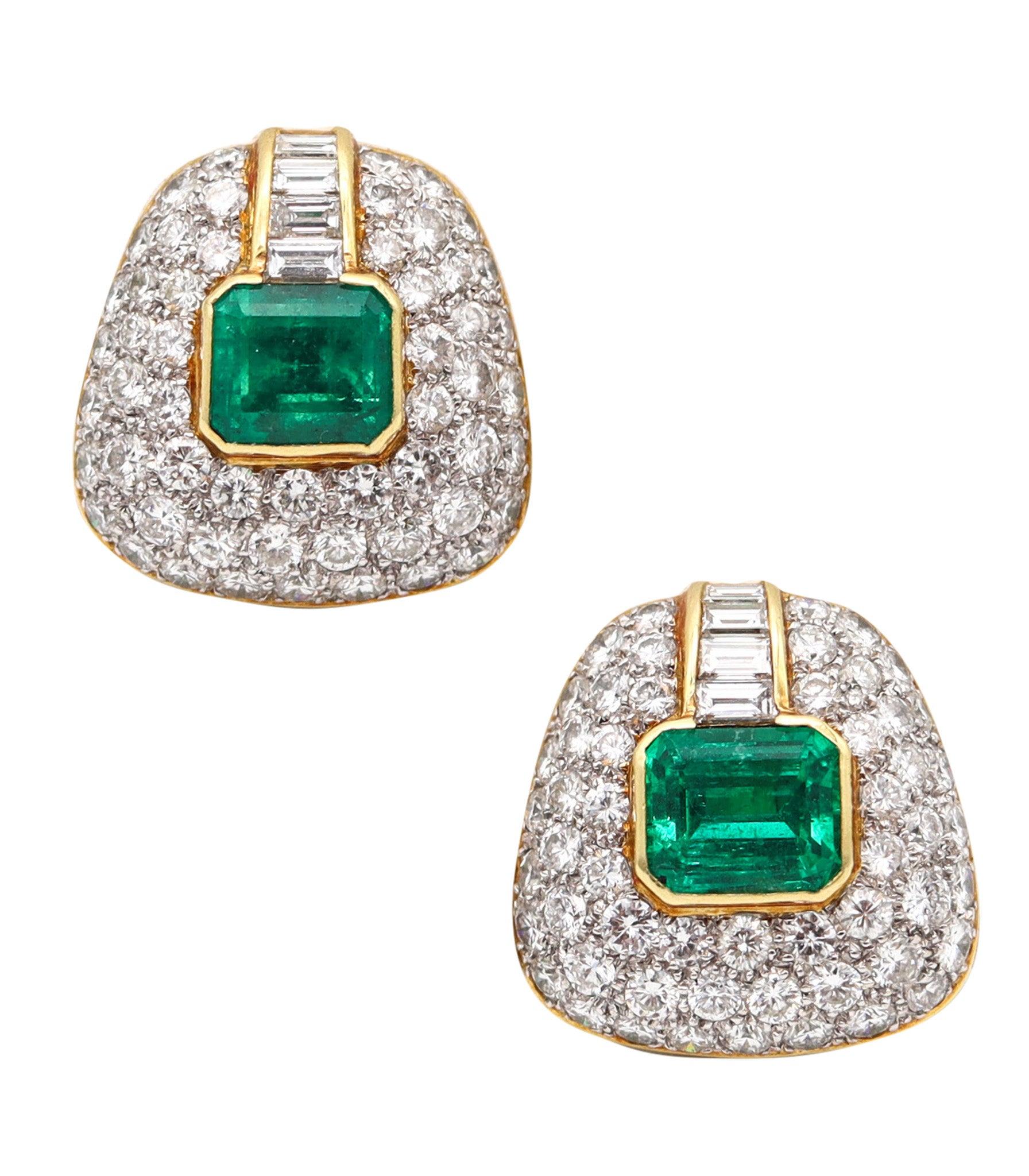 GIA CERTIFIED Clips Earrings In 18Kt Gold With 13.04 Ctw In Emeralds & Diamonds