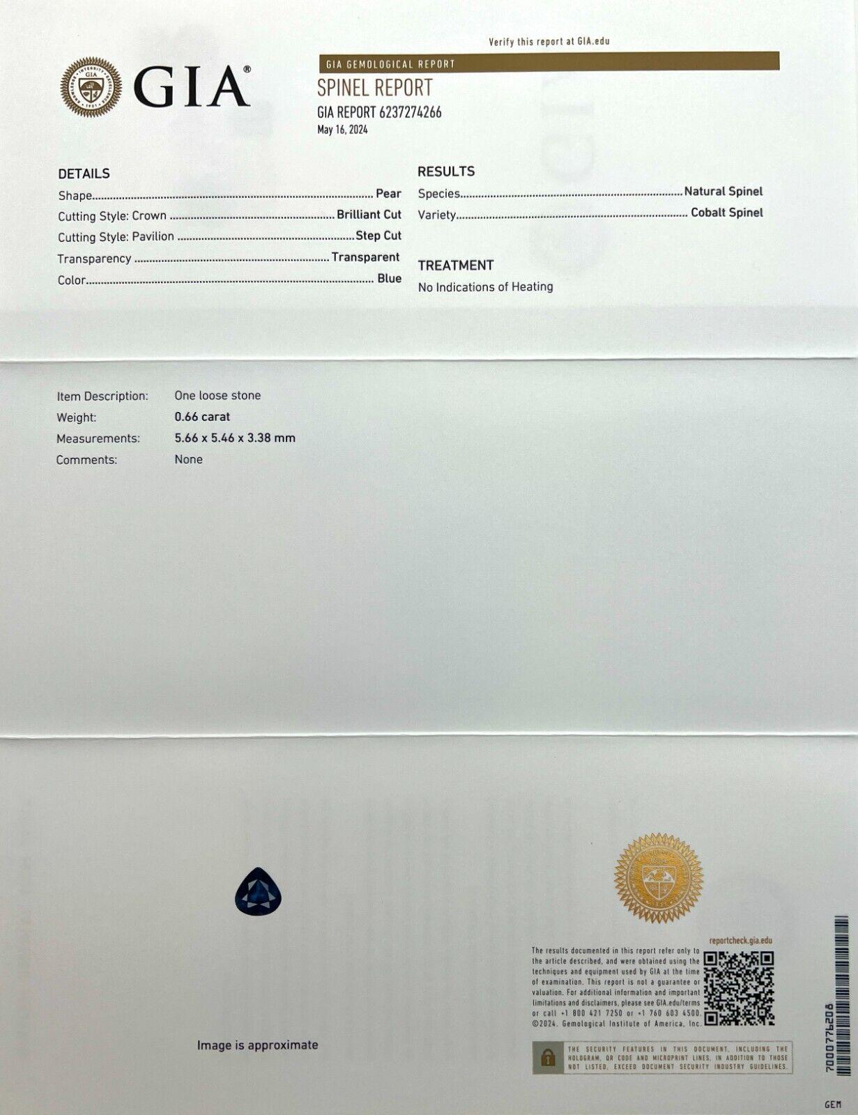 Gia Certified Cobalt Blue Spinel Natural 0.66ct Vivid Pear Teardrop Cut Rare Gem

GIA Certified Rare Cobalt Blue Spinel Gemstone.
0.66 Carat with a beautiful deep blue colour and very good clarity, a clean stone with only some small natural