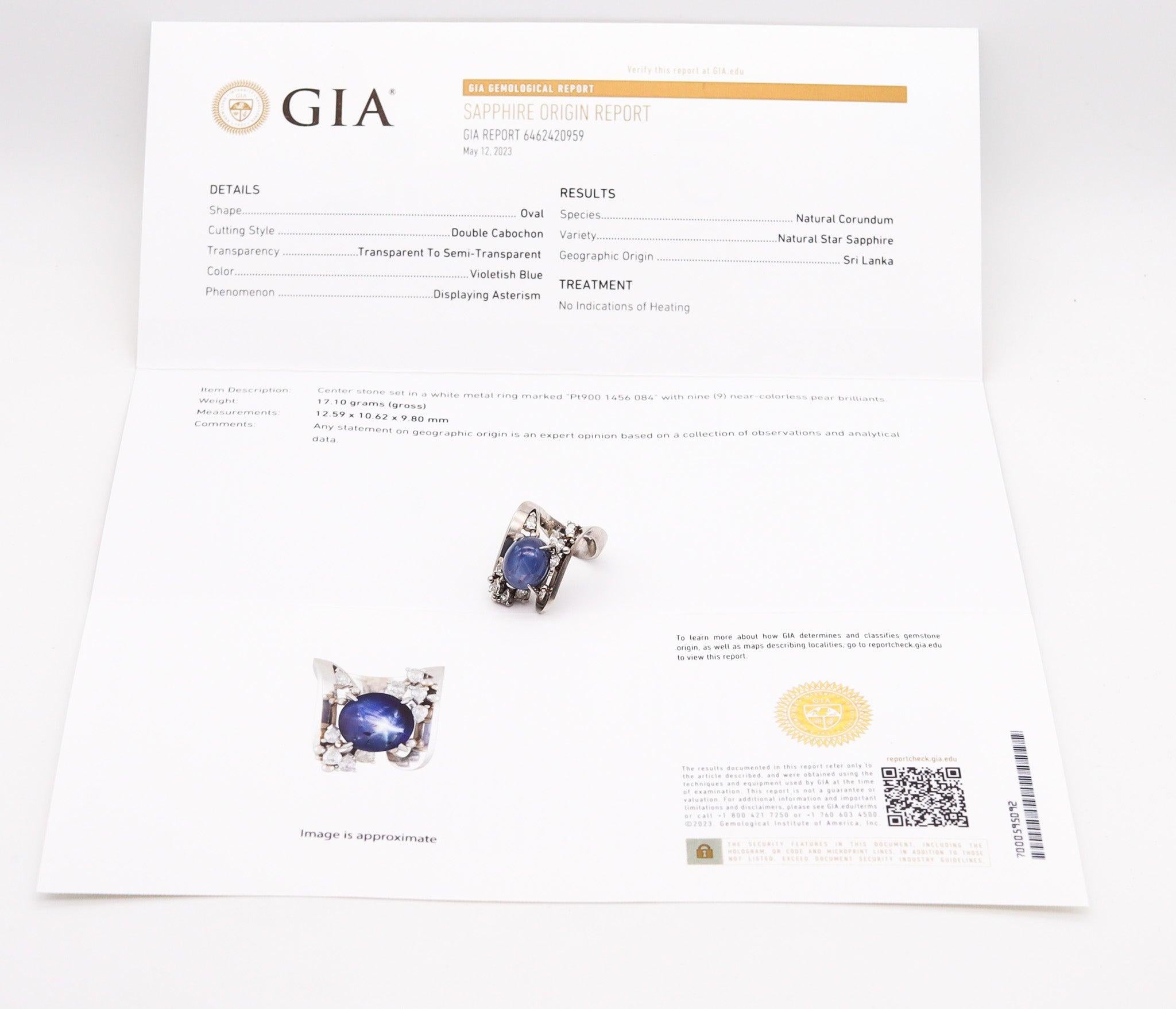 Cocktail ring with natural Ceylon sapphire and diamonds.

Stupendous asymmetric cocktail ring mounted with a big natural Ceylon star sapphire gemstone. The beautiful modernist ring and has been crafted with substantial weight, in solid platinum