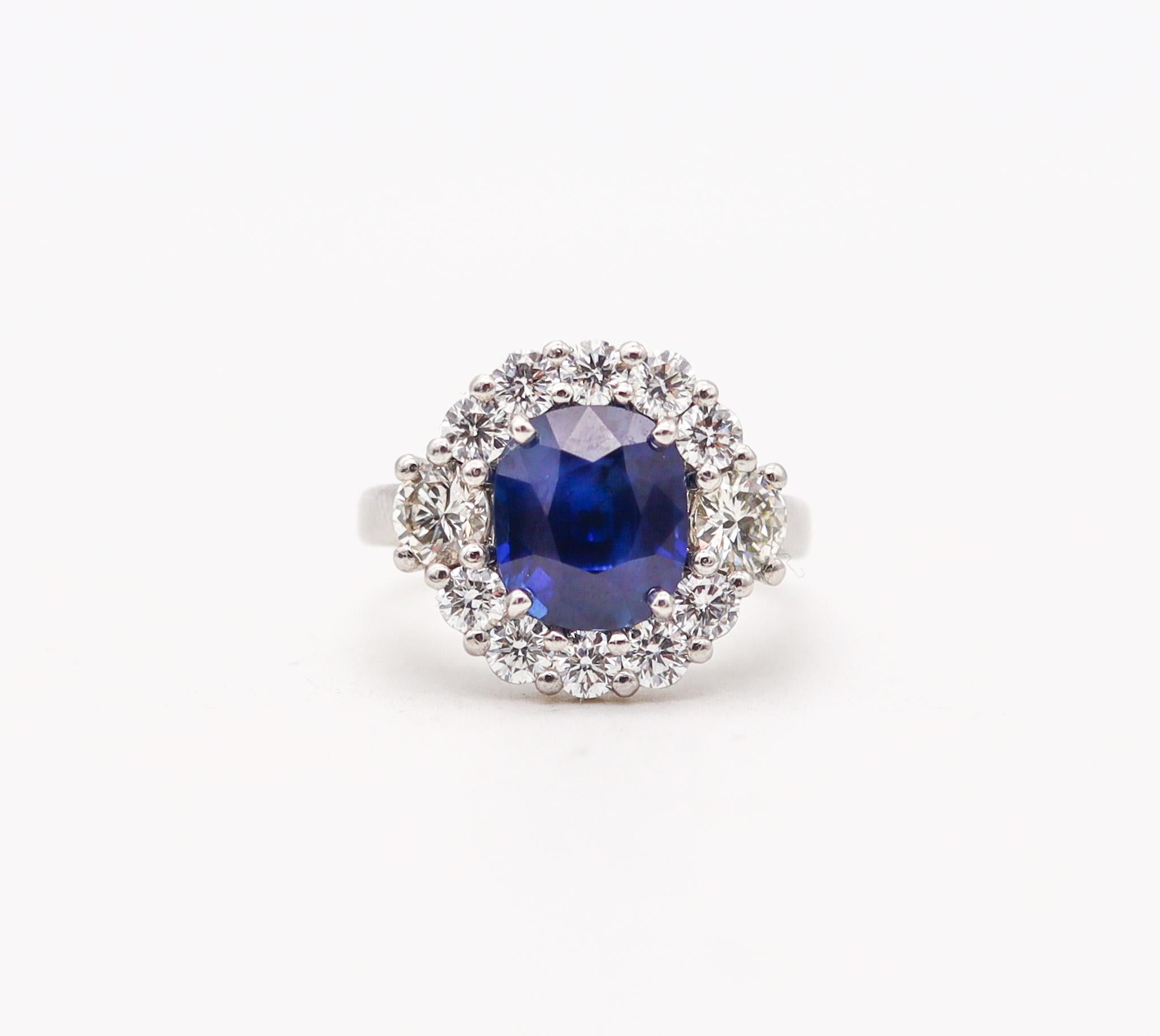 Cushion Cut Gia Certified Cocktail Ring In Platinum With 5.79 Ctw In Sapphire And Diamonds For Sale